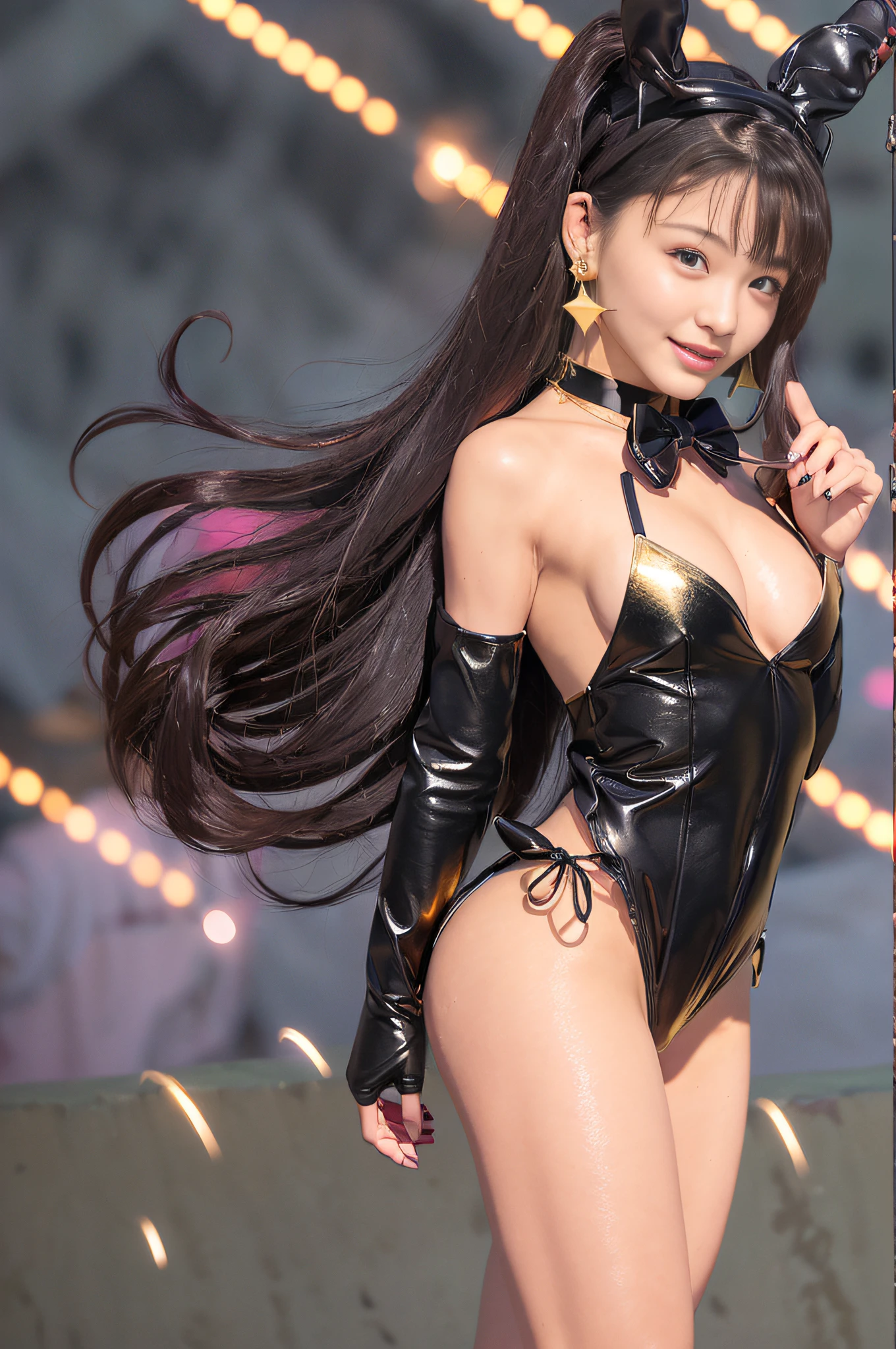 ((Full Body Focus)))、((20-year-old 1 girl))、peacesign、(((Black theme)))、((Long ears black bunny girl hair band))、(((twin-tail hair)))、(((Hair that flutters in the wind)))、Photorealsitic、超A high resolution、Convoluted、ultra-detailliert、(dent in the skin)、Cute、Feminine、Detailed body、Medium chest、(A detailed face: 1.1)、(Outline of the iris)、(Hydrocore Lens)、(perfect  eyes)、8K picture quality、16k picture quality、realisitic、Beautiful fece、(​masterpiece: 1.2)、(top-quality:1.2)、wide-hips、slenderbody、Optimal ratio of 4 fingers to 1 thumb、((Black enamel knee high boots))、((Black enamel long gloves)) 、(((Black Micro Bikini)))、(Black sexy bodysuit)、(Bunny girl collar and black bow tie)、(((Golden star-shaped earrings in both ears)))、((Dark night beach))、(((Lots of spectators)))、(((Fireworks in the night sky)))、Delicate fingers、Delicate and beautiful fingers、7.5 Head body proportions