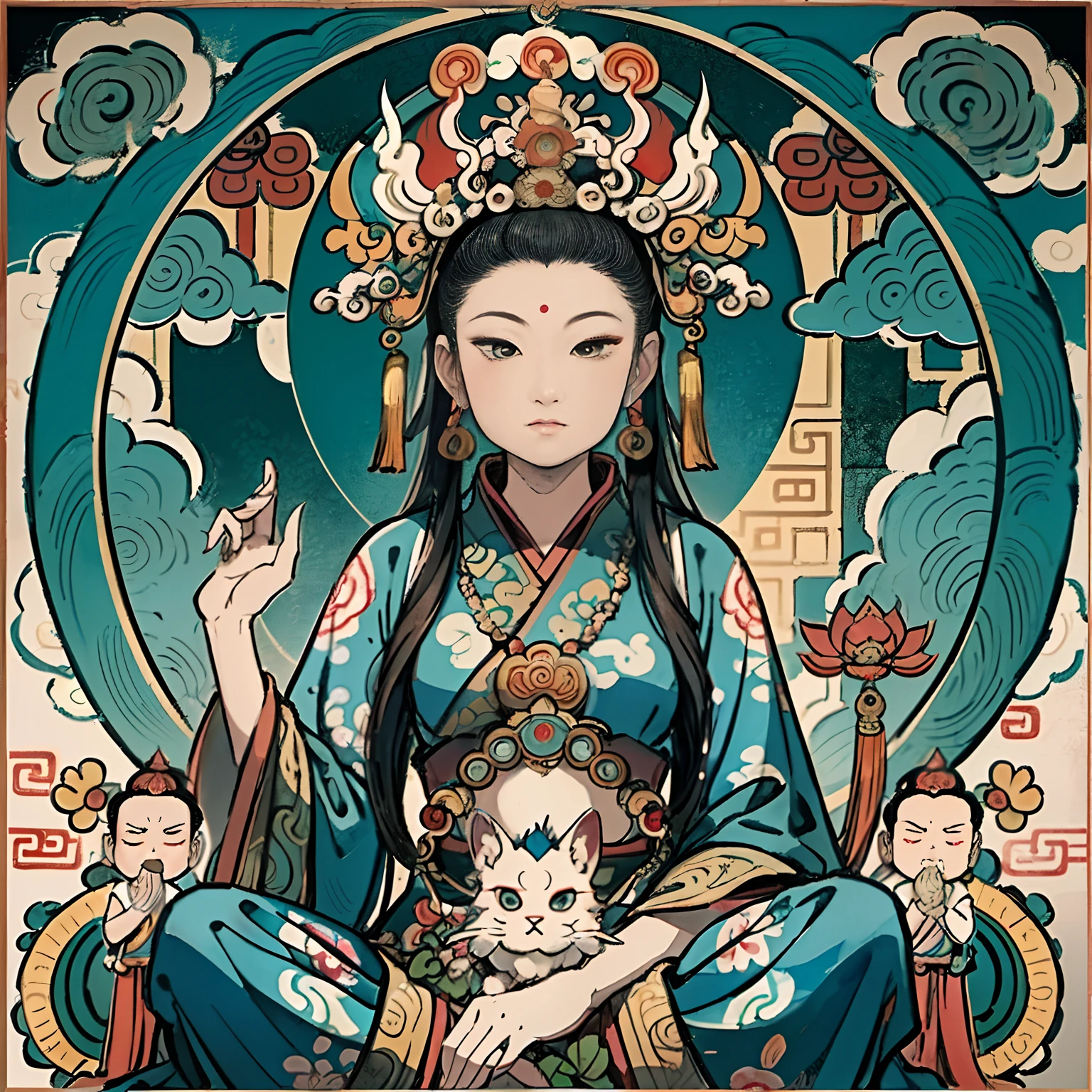 an ancient Chinese goddess, guanyin of the southern seas, Guanyin, Inspired by India, Avalokiteshvara Bodhisattva Phoenix，,Serene expression,shui mo hua,Buddha,Buddhist,Lotus,Chinese painting style,Thangka style