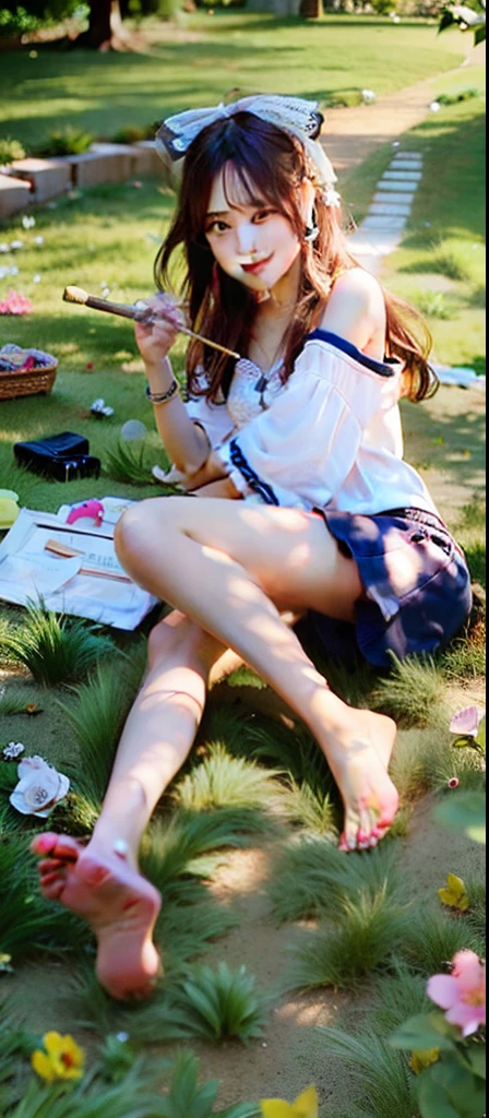 Beautiful woman lying on the grass,Barefoot,Brush in hand,A shy look