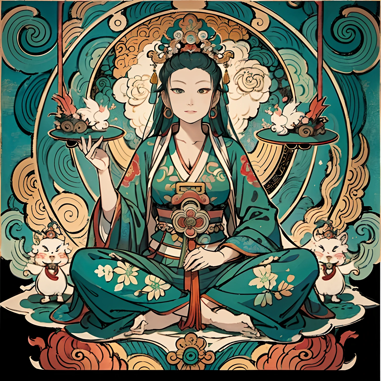 an ancient Chinese goddess, guanyin of the southern seas, Guanyin, Inspired by India, Avalokiteshvara Bodhisattva Phoenix，,Serene expression,shui mo hua,Buddha,Buddhist,Lotus,Chinese painting style,Thangka style