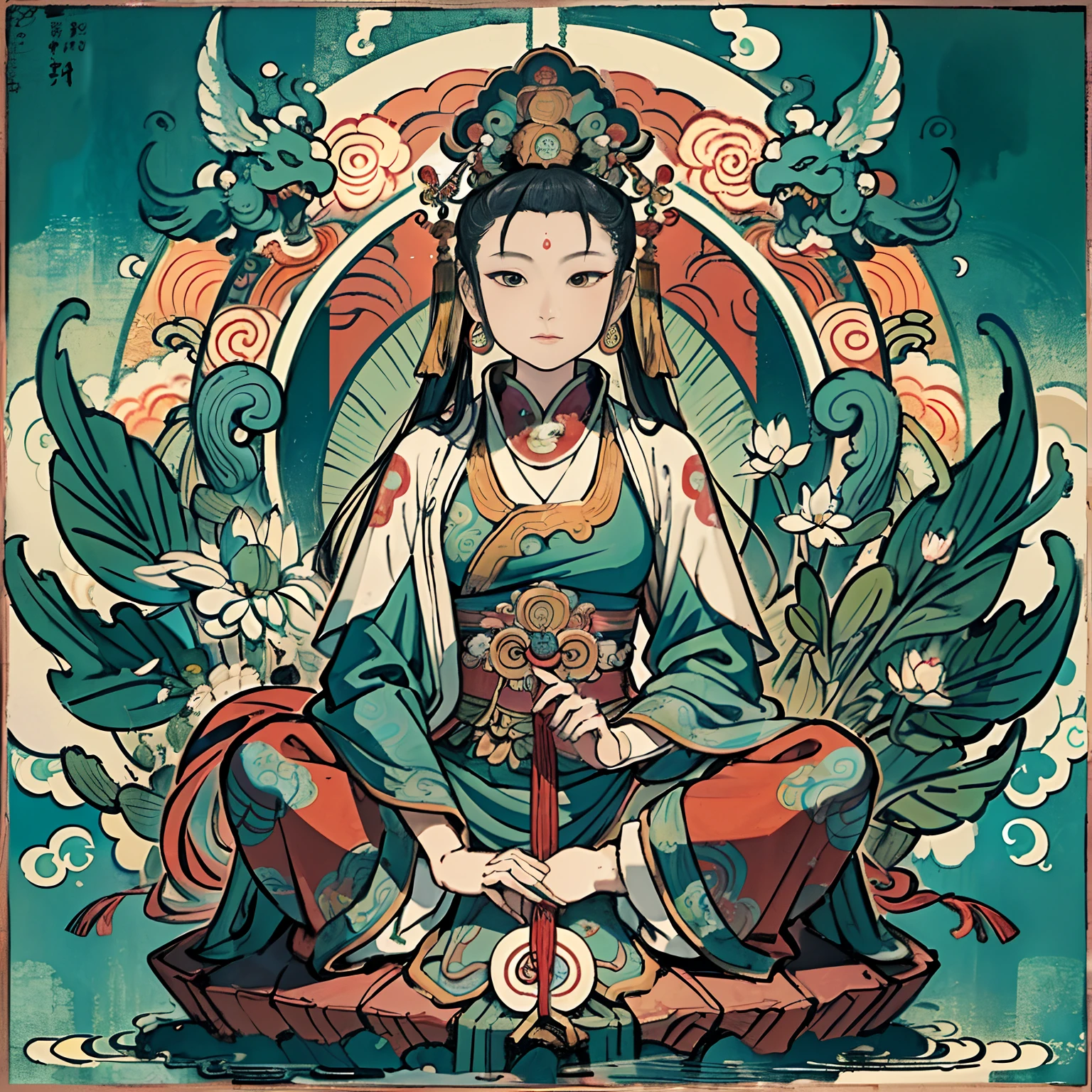 an ancient Chinese goddess, guanyin of the southern seas, Guanyin, Inspired by India, Avalokiteshvara Bodhisattva Phoenix，,Serene expression,shui mo hua,Buddha,Buddhist,Lotus,Chinese painting style,Thangka style