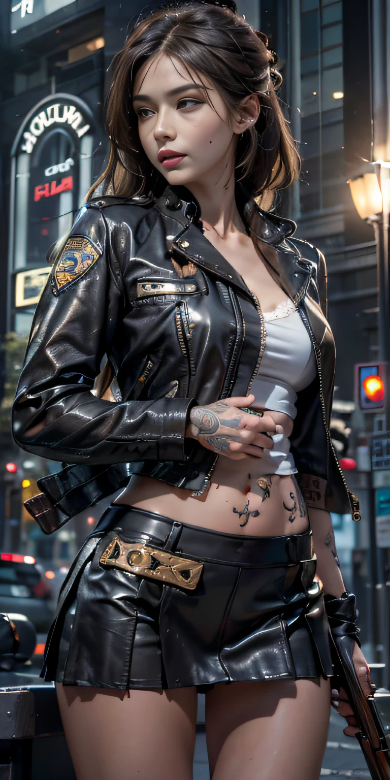 Photorealistic, high resolution, Soft light,1womanl, Solo,ink，holding rifle， Hips up, (Detailed face),tattoo,Police badge，Police badge，Police badge， jewelry,Open navel， Night City,Leather police jacket,Lace pleated skirt，cabellos largos dorados