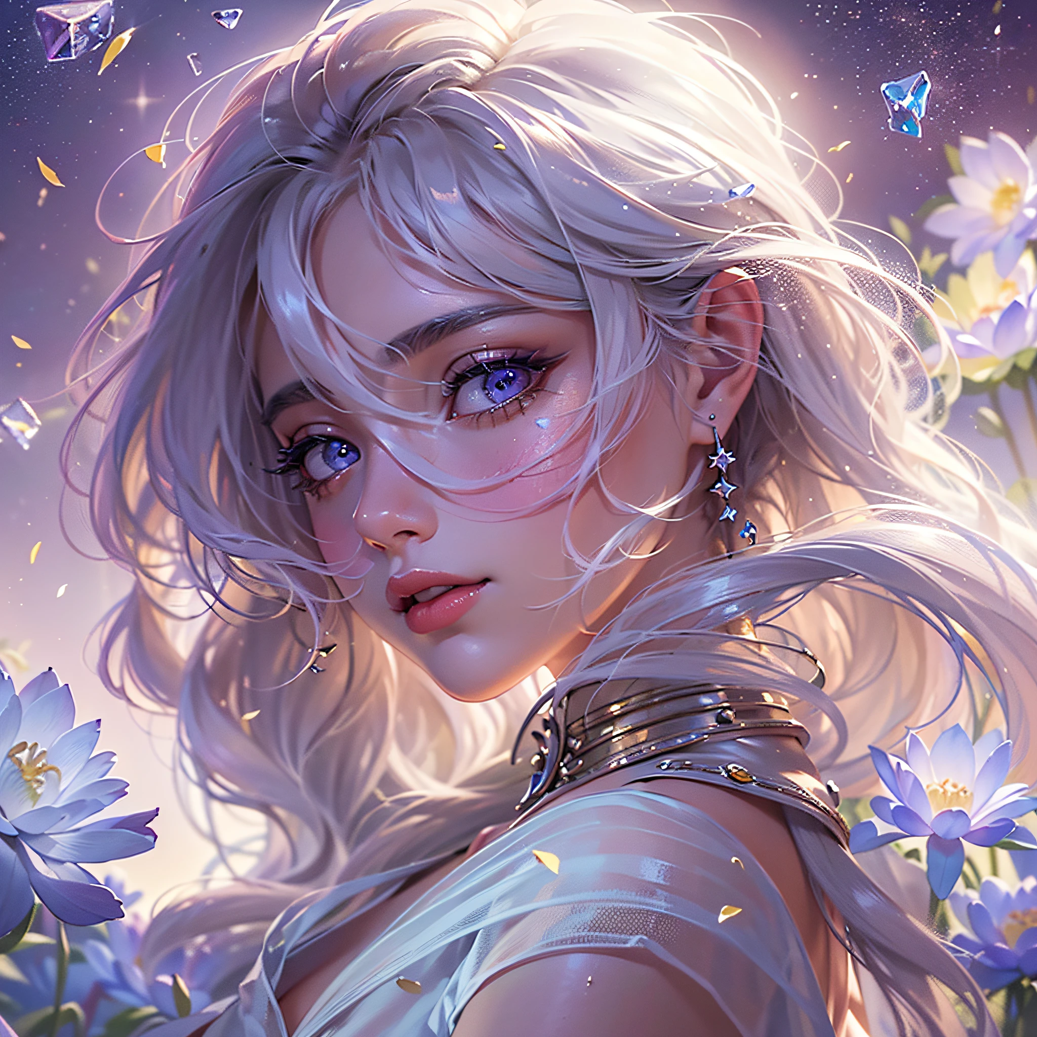 best quality, masterpiece, (realistic:1.2), 1 girl, detailed face, beautiful eyes, (masterpiece:1.2, best quality), (finely detailed beautiful eyes: 1.2), (extremely detailed CG unity 8k wallpaper, masterpiece, best quality, ultra-detailed, best shadow), (detailed background), (beautiful detailed face, beautiful detailed eyes), High contrast, (best illumination, an extremely delicate and beautiful),1girl,((colorful paint splashes on transparent background, Dulux,)), dynamic angle, beautiful detailed glow, full body, cowboy shot, white hair, purple eyes, best quality, masterpiece, (realistic:1.2), lotus flower, glowing, in the night sky, full of stars, very detail, ultra-high resolution, ultra-high quality,