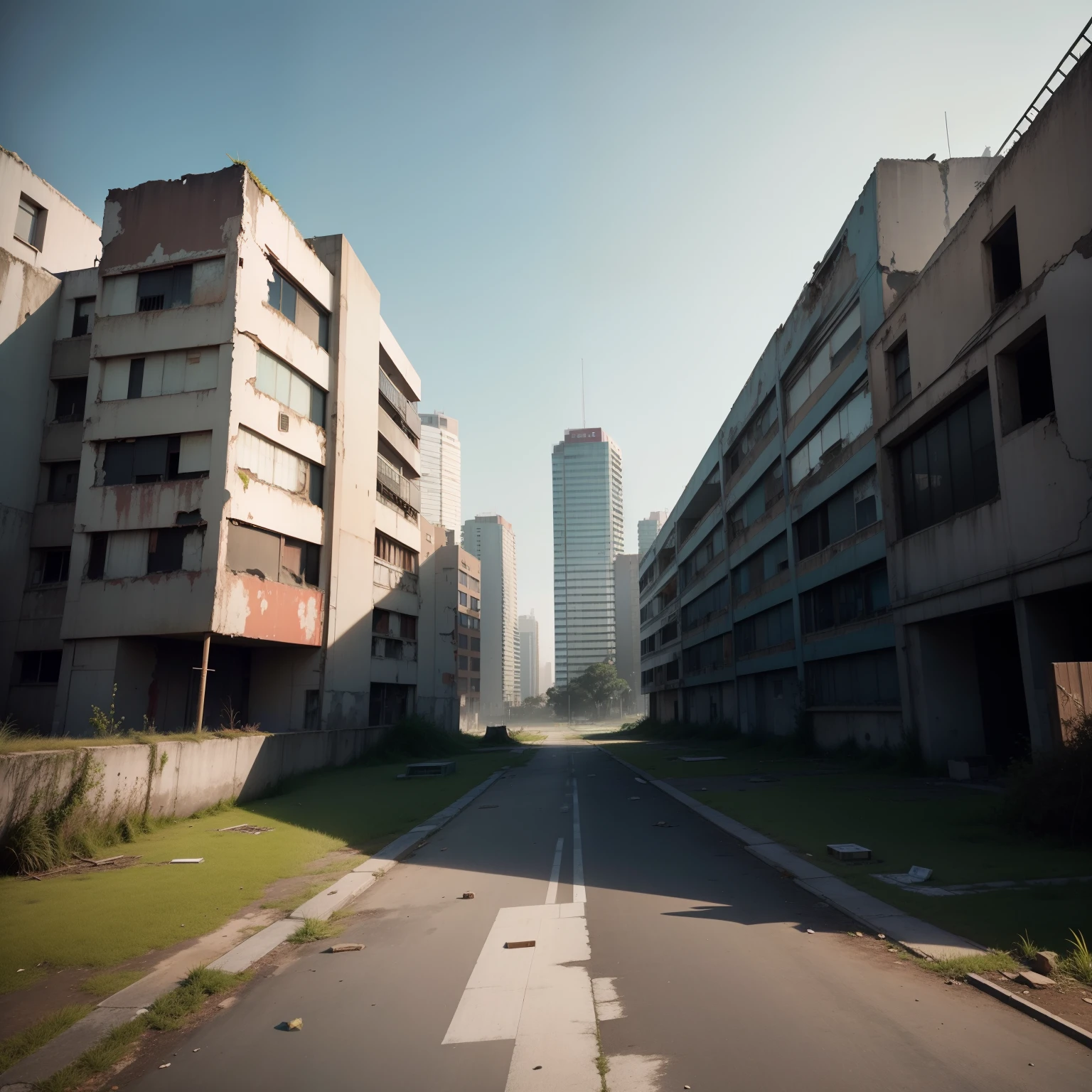 Abandoned, com cores neutras,cinema shot,the complex background，城市，group of buildings，