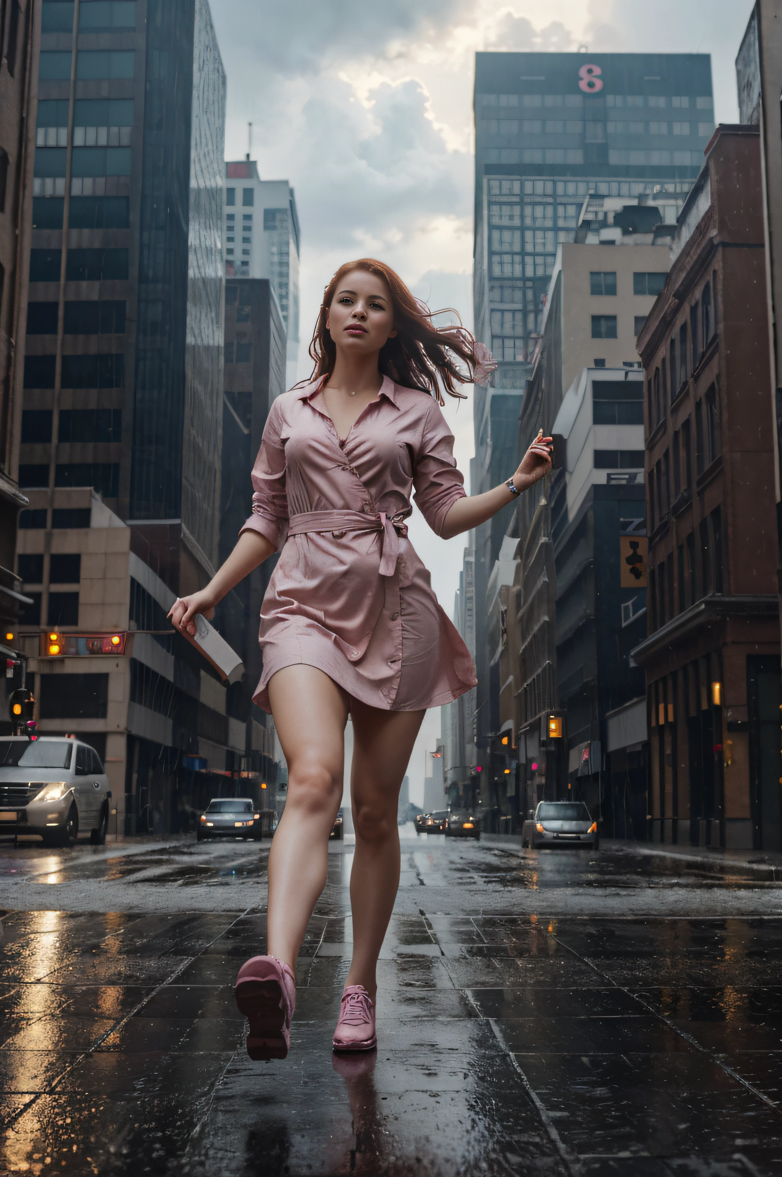 a woman in a pink dress is (walking) down the street, cloudy and rainy weather, delivering packages and boxes, escape from New York, military girl, soaring above a dense city, workers revolution, poster, surveillance, print, ( waitress ) girl, young redhead girl in motion, people run on the street,(8k, RAW photo, best quality, masterpiece:1.2), ultra high res, photorealistic:1.4),Cinematic Light,(soft volumetric lighting:1.2), (realistic, photo-realistic:1.37), detailed skin,professional lighting,Photography, Sharp focus, detailed ,professional lighting, photon mapping, detailed and intricate environment,highly detailed,best quality,8k artistic photography, photorealistic concept art, soft natural volumetric cinematic perfect light,MIDJOURNEY,3DMDT, (cloudy and rainy weather), [cloudy and rainy weather]