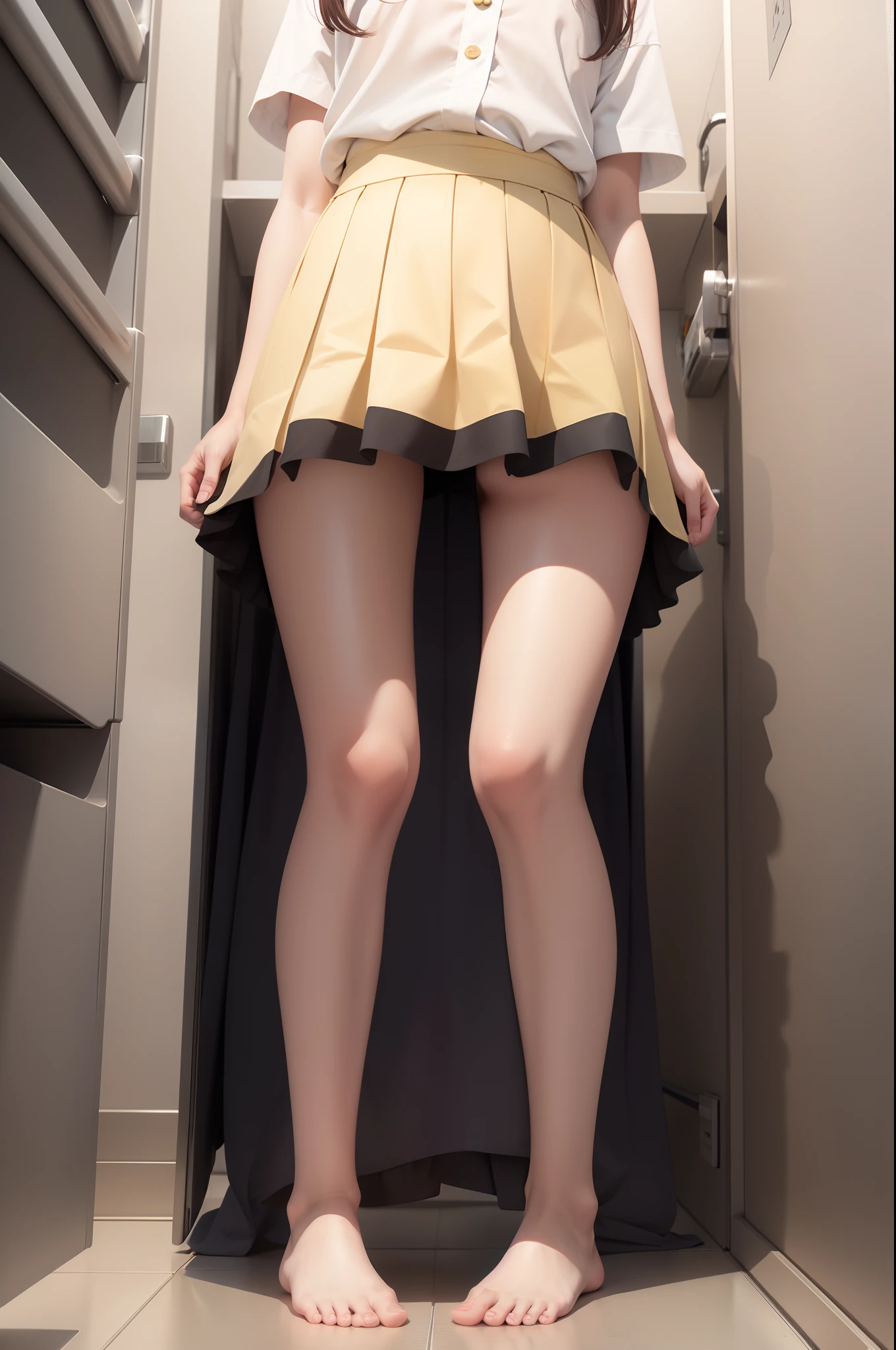 Girl Real Detail Face Shape Big Eyes Quadratic Bathroom Fair Skin Golden Skin  Small Short Skirt Small Breasts Shy Blushing Coquettish Look down from above