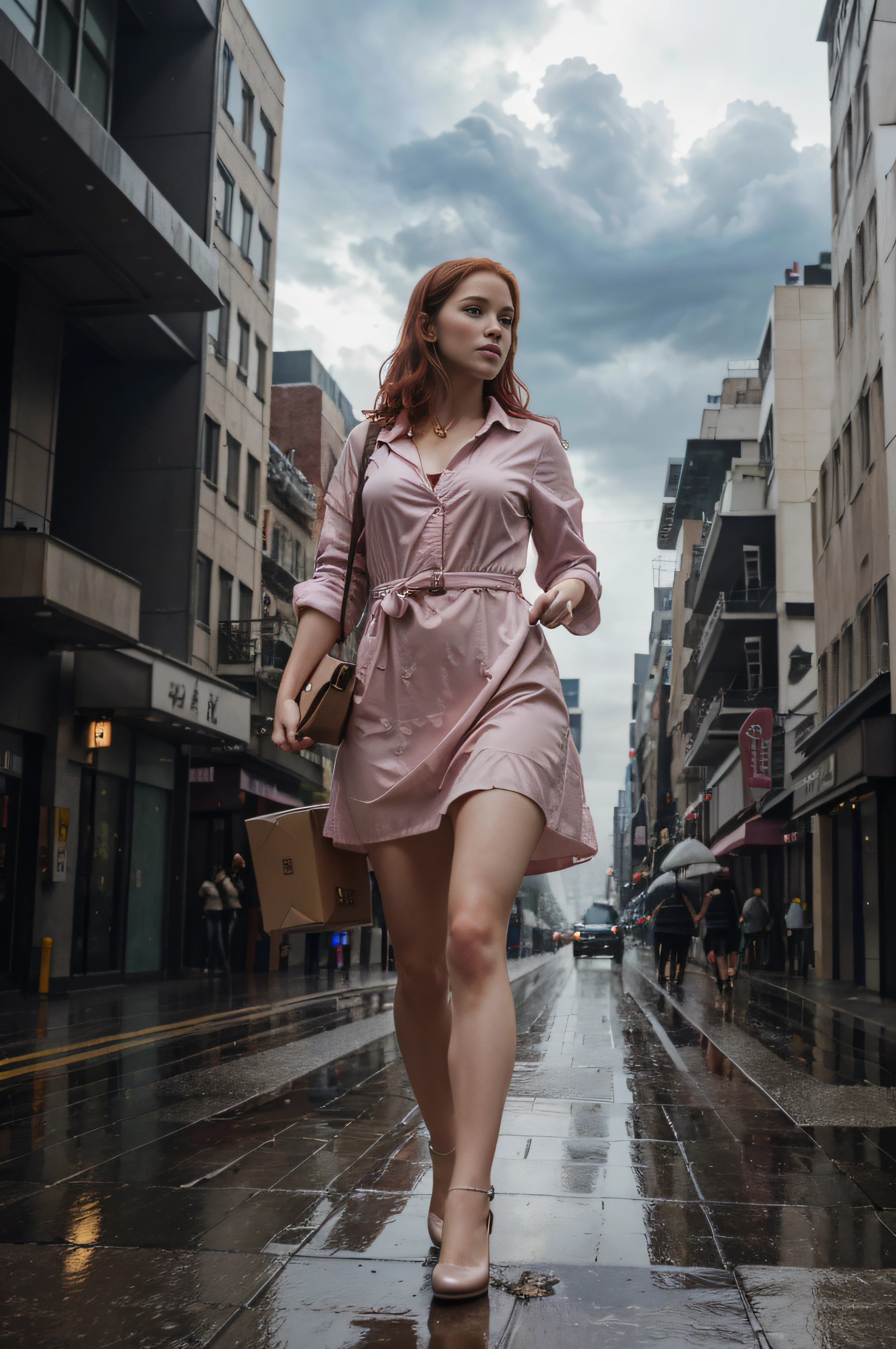 a woman in a pink dress is (walking) down the street, cloudy and rainy weather, delivering packages and boxes, escape from New York, military girl, soaring above a dense city, workers revolution, poster, surveillance, print, ( waitress ) girl, young redhead girl in motion, people run on the street,(8k, RAW photo, best quality, masterpiece:1.2), ultra high res, photorealistic:1.4),Cinematic Light,(soft volumetric lighting:1.2), (realistic, photo-realistic:1.37), detailed skin,professional lighting,Photography, Sharp focus, detailed ,professional lighting, photon mapping, detailed and intricate environment,highly detailed,best quality,8k artistic photography, photorealistic concept art, soft natural volumetric cinematic perfect light,MIDJOURNEY,3DMDT, (cloudy and rainy weather), [cloudy and rainy weather]