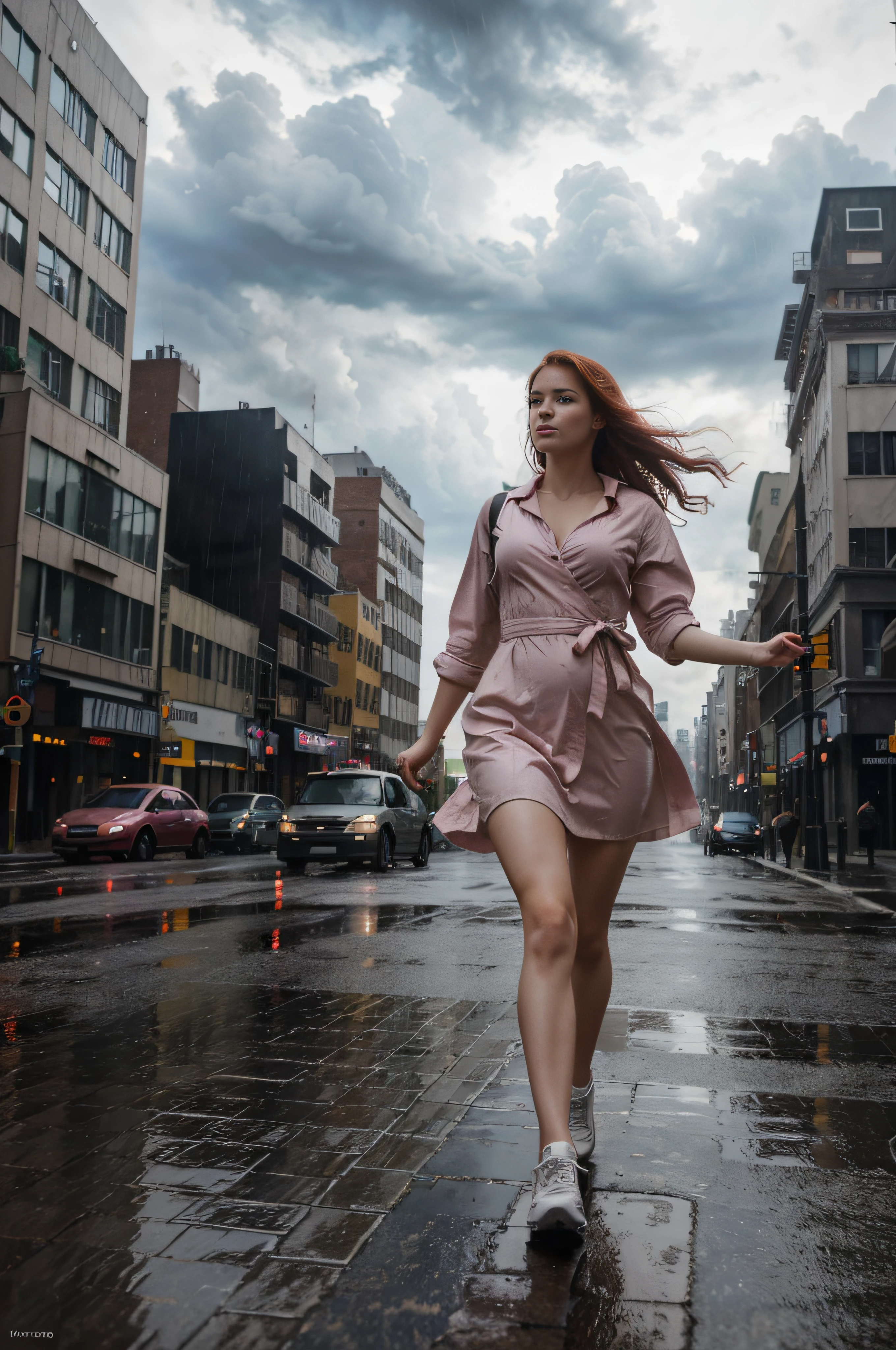 a woman in a pink dress is (walking) down the street, cloudy and rainy weather, delivering packages and boxes, escape from New York, military girl, soaring above a dense city, workers revolution, poster, surveillance, print, ( waitress ) girl, young redhead girl in motion, people run on the street,(8k, RAW photo, best quality, masterpiece:1.2), ultra high res, photorealistic:1.4),Cinematic Light,(soft volumetric lighting:1.2), (realistic, photo-realistic:1.37), detailed skin,professional lighting,Photography, Sharp focus, detailed ,professional lighting, photon mapping, detailed and intricate environment,highly detailed,best quality,8k artistic photography, photorealistic concept art, soft natural volumetric cinematic perfect light,MIDJOURNEY,3DMDT, (cloudy and rainy weather), [cloudy and rainy weather]