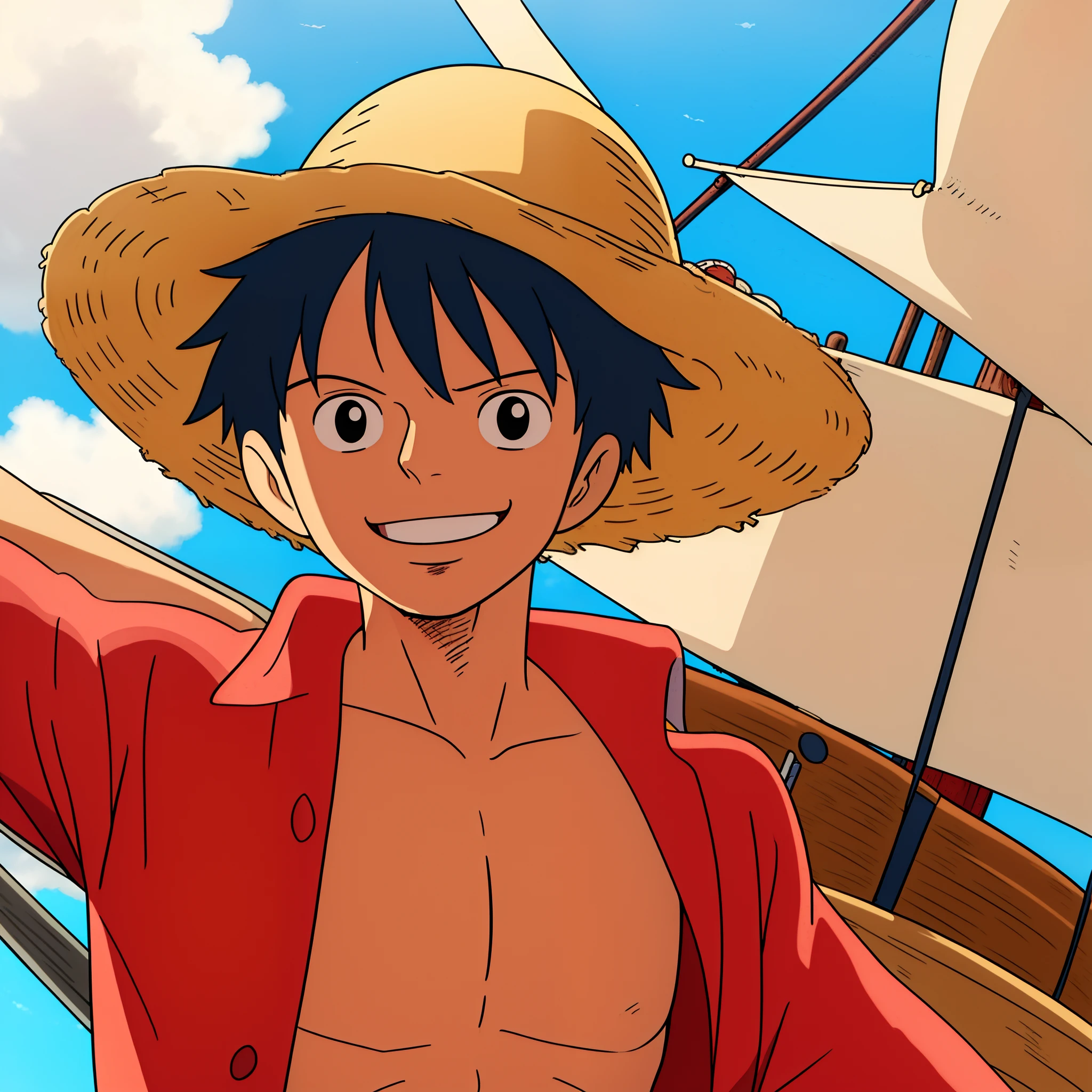 ((best quality)), ((masterpiece)), ((detailed background)), ((high quality illustration)), 1boy, wanostyle, monkey d luffy, smile, straw hat, solo, standing, looking around, upper body, close up, pirate ship, sea, sky, clouds, closed shirt, miyazaki hayao