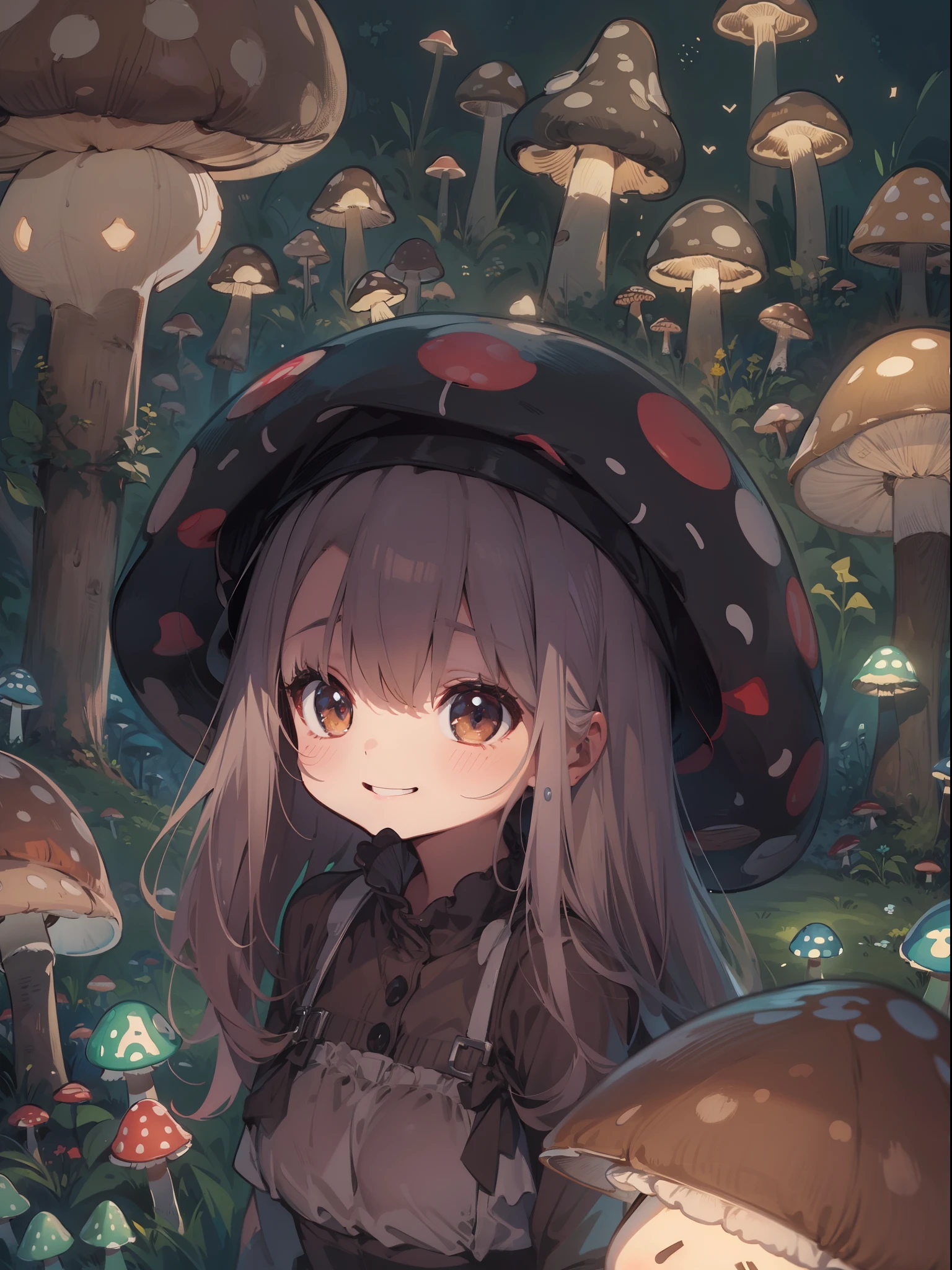 simple drawing, mushroom and girl, chibi, cute, big smile, dark room, glowing mushrooms, mushrooms + mushrooms + mushrooms + mushrooms + mushrooms, mushroom on head, from side