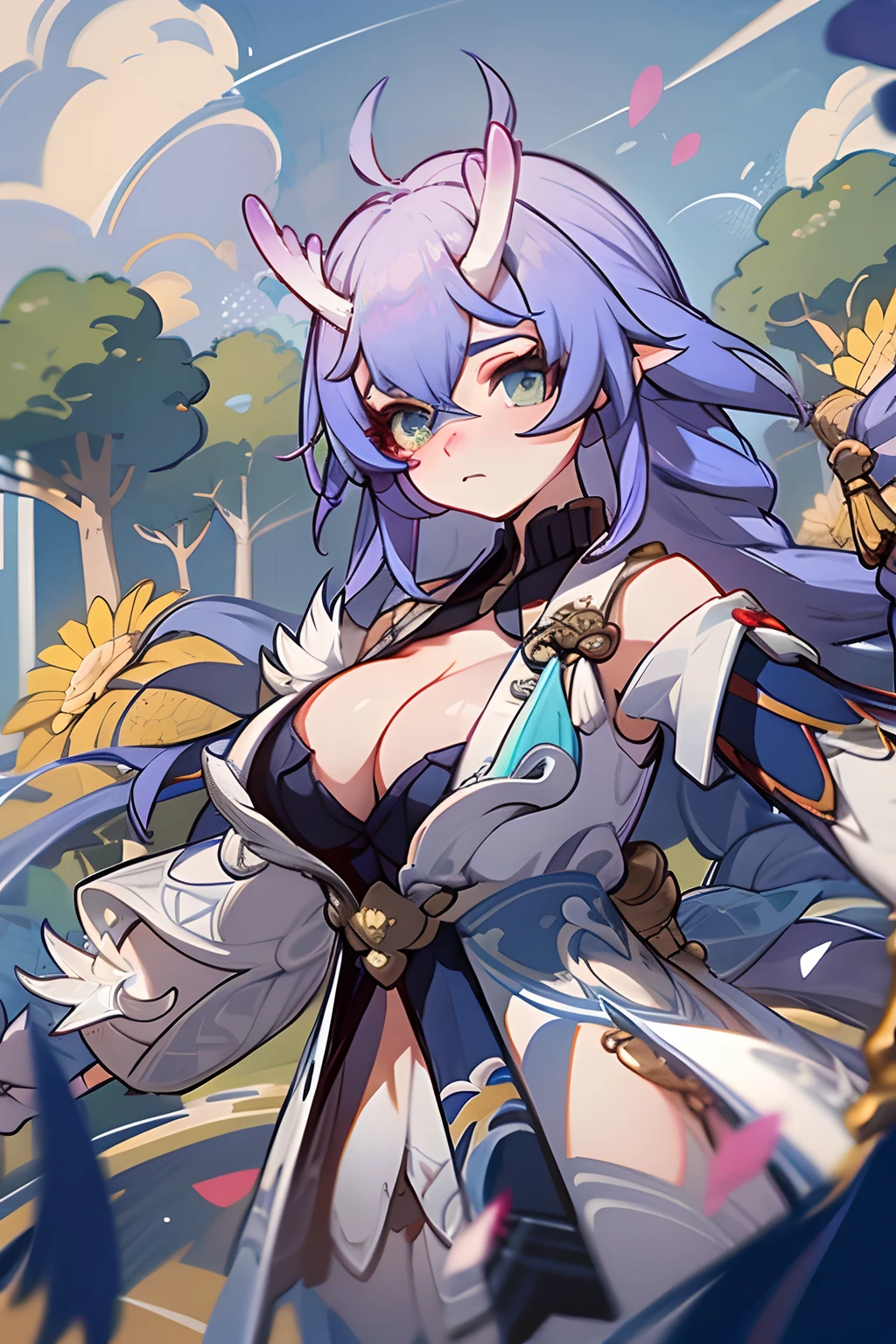 (Masterpiece), (Best quality), (Ultra detailed), bailu, front look, view the viewer, one dragon tail, Two horns, Upper body, Flowers, Flowing colors, Cloudy sky,White Deer Dev,gigantic cleavage breasts,semi-bare,Sexy big ass,Fiddling with sexy ass,Expose sexy breasts,The kinky is exposed ,Protruding anteriorly and posteriorly