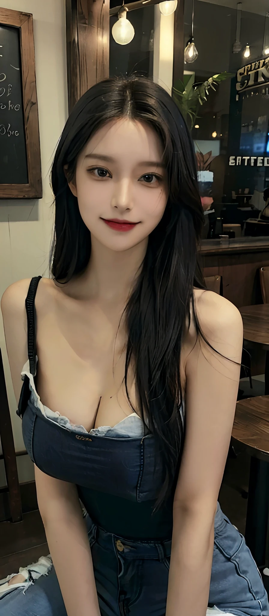 (realistic, high resolution:1.3), (upper body), 1 girl with perfect figure, super fine face and eyes, black hair, long hair, denim corset top, skinny jeans, coffee shop, sitting, (big breasts), cleavage, slightly smile