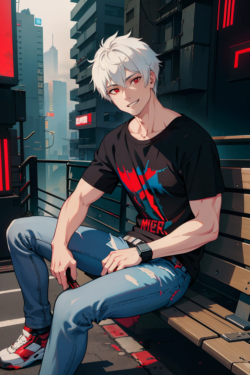 masterpiece, high quality, best quality, beautiful, hd, realistic, perfect lighting, detailed face, detailed body, 1 man, (white hair), red eyes, manly, (brutal), black t-shirt, jeans, sitting on a bench,  ((cyberpunk)), (fog), smile