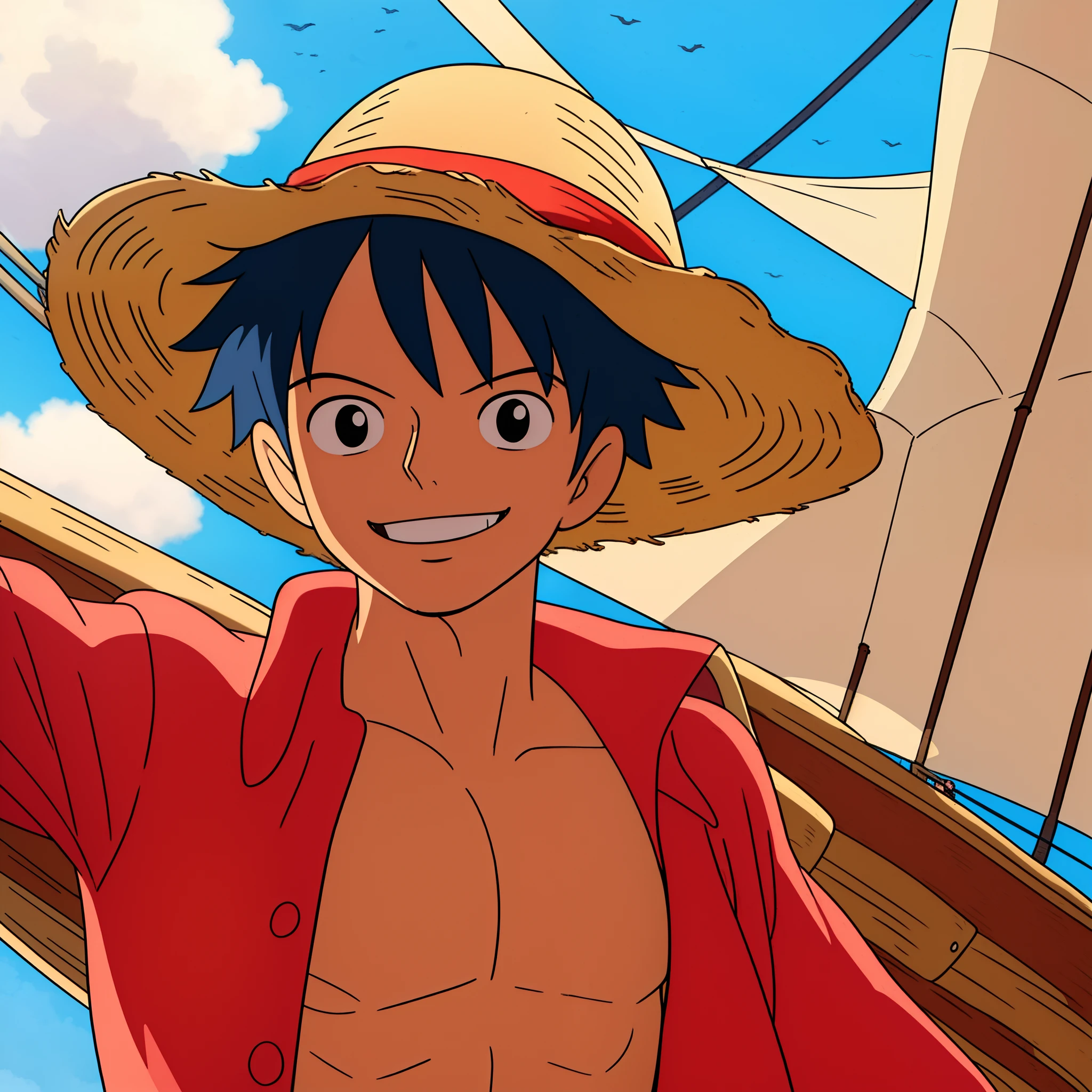 ((best quality)), ((masterpiece)), ((detailed background)), ((high quality illustration)), 1boy, wanostyle, monkey d luffy, smile, straw hat, solo, standing, looking around, upper body, close up, pirate ship, sea, sky, clouds, closed shirt, miyazaki hayao