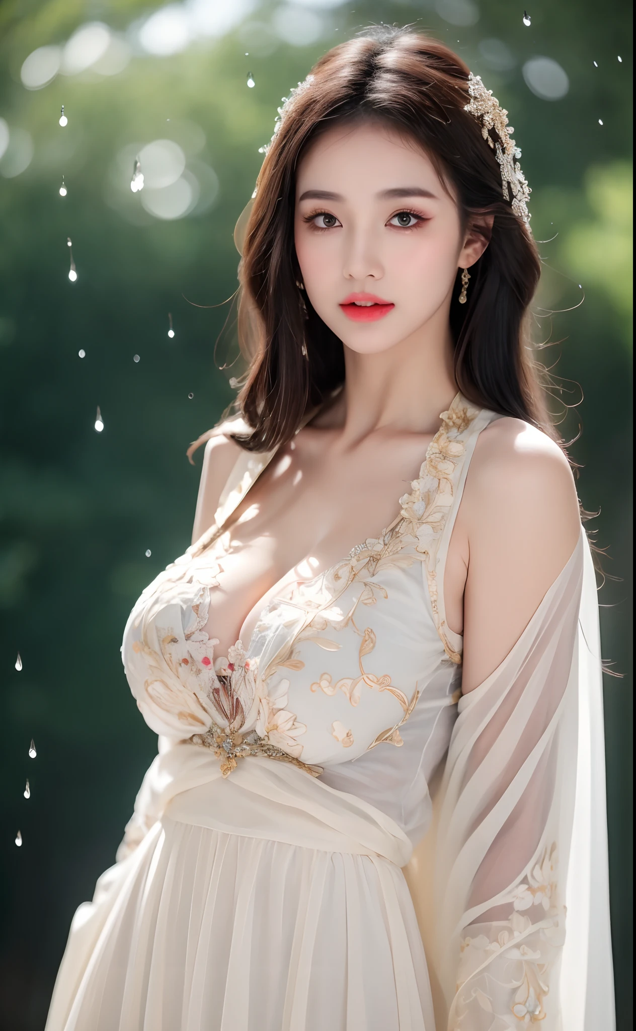 ((Best Quality, 8k, Masterpiece: 1.3)), Focus: 1.2, Perfect Body Beauty: 1.4, Buttocks: 1.2, ((Layered Haircut)), (Wet Clothes: 1.1), (Rain, Street:1.3), (Breasts: 1.2), (Hanfu: 1.2), Bare Shoulders, Bare Legs, Highly Detailed Face and Skin Texture, Fine Eyes, Double Eyelids, Whitened Skin, Long Hair, (Shut Up: 1.5), (Bokeh Background: 1.5), Big Breasts