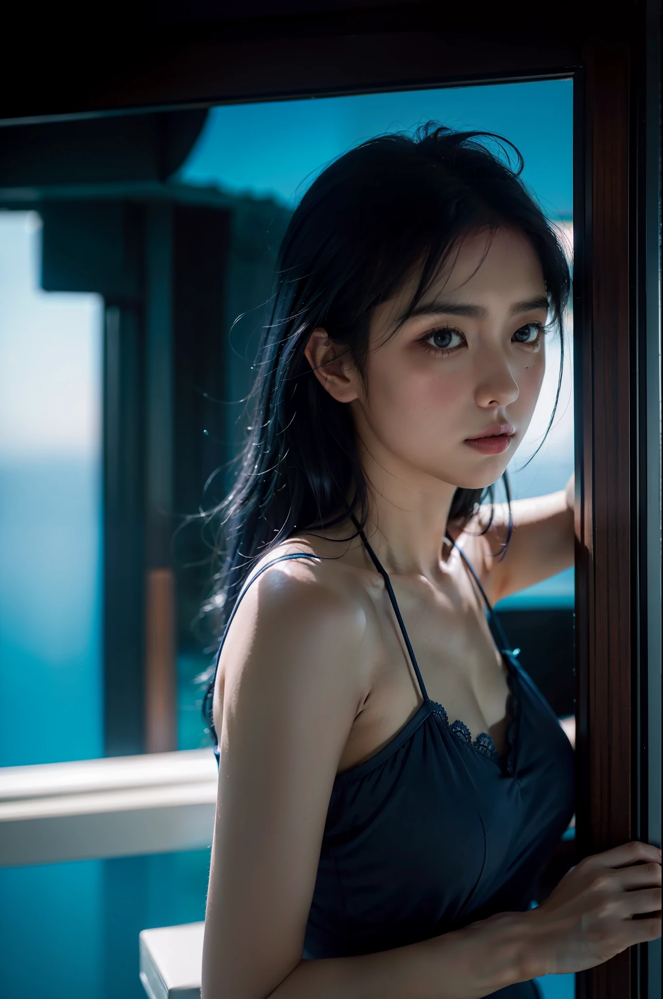 dark blue hair, blush, Surrealism, drop shadow, anaglyph, stereogram, tachi-e, pov, atmospheric perspective, chiaroscuro, partially underwater shot, Fujifilm, f/2.8, 35mm, 8k, super detail, ccurate, best quality,Natural expression,camisole,Premium hotel,