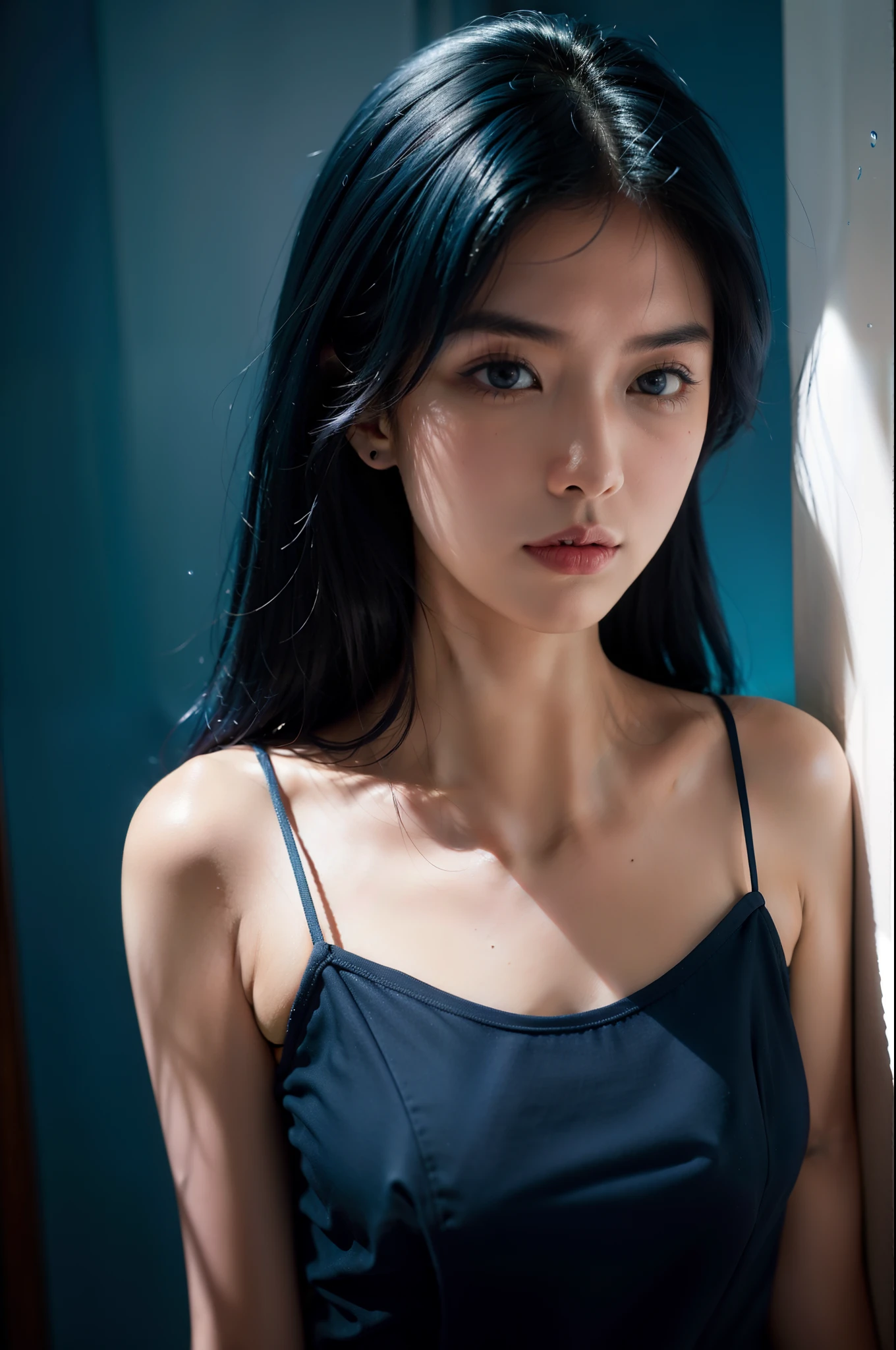 dark blue hair, blush, Surrealism, drop shadow, anaglyph, stereogram, tachi-e, pov, atmospheric perspective, chiaroscuro, partially underwater shot, Fujifilm, f/2.8, 35mm, 8k, super detail, ccurate, best quality，Natural expression，camisole，Premium hotel，