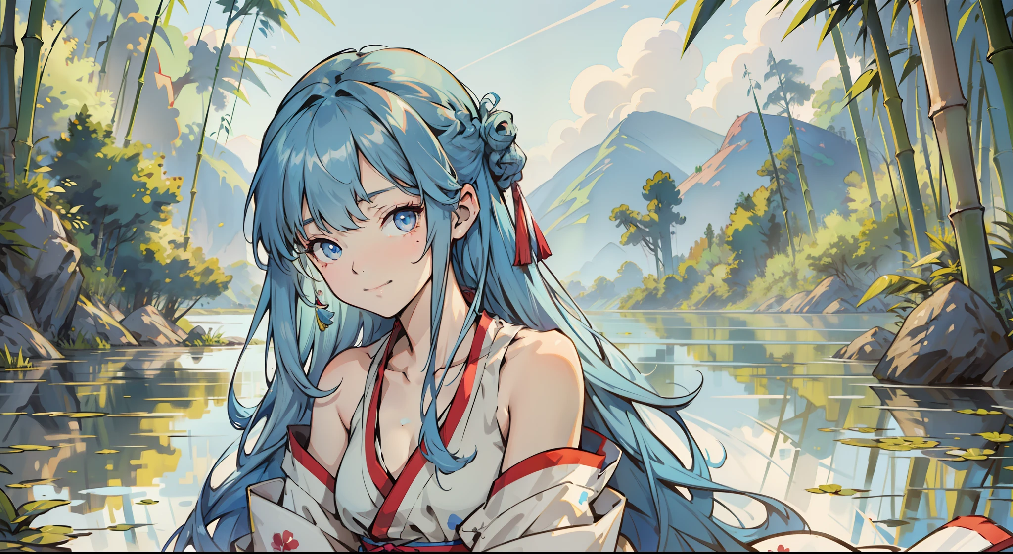 Masterpiece, Best Quality, Official Art, 8k Wallpaper, Very Detailed, Illustration, 1 Girl, Sky Blue Hair, Long Hair, Detailed Eyes, Forrest Gump, Bare Shoulders, Hanfu, Lake, Pure, Soft Smile, bamboo, tea