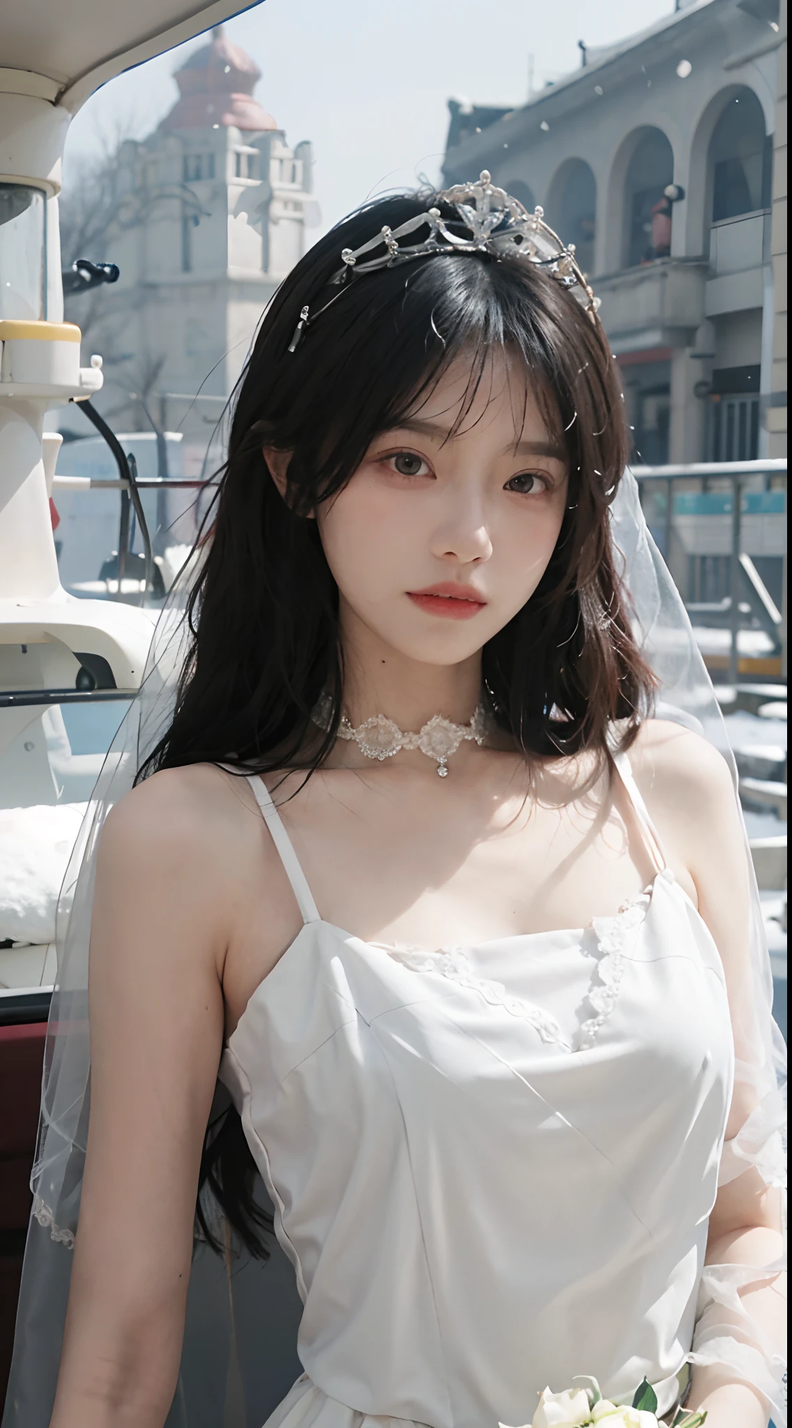 best qualtiy,tmasterpiece,超高分辨率,(realisticlying:1.4),2girls,winking,Large wavy curls,tiara crown,二重まぶた,A pair of peach blossom eyes,Snow-white lace wedding dress,Pure,choker necklace,adolable,Snow-white translucent skin,head straight-looking at viewer,In a helicopter,Full of atmosphere,hair pin:1.4,(The upper part of the body:1.4),