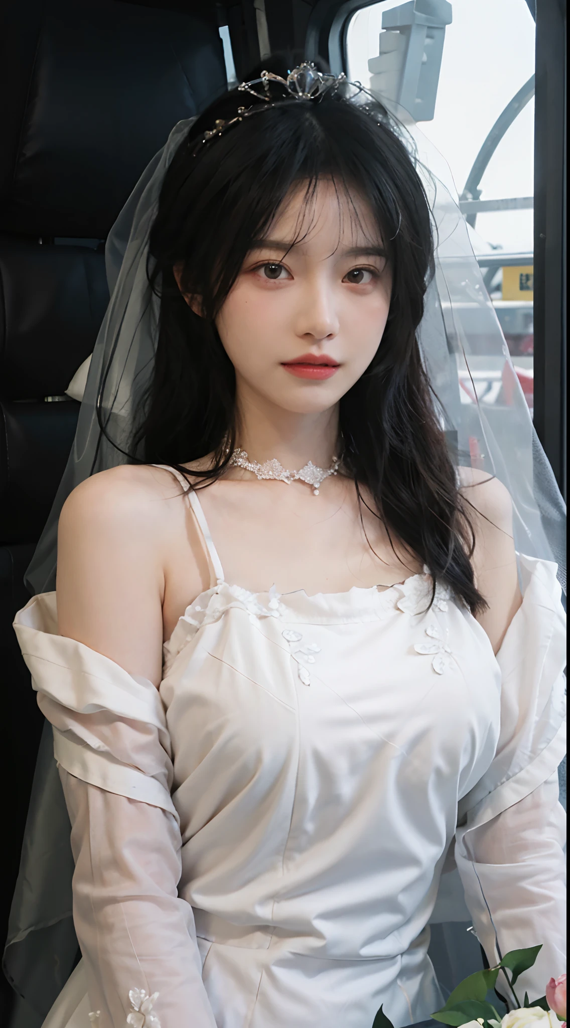 best qualtiy，tmasterpiece，超高分辨率，（realisticlying：1.4），1girll，Large wavy curls，二重まぶた，A pair of peach blossom eyes，Snow white wedding dress，Pure，choker necklace，adolable，Snow-white translucent skin，head straight-looking at viewer，On the yacht，Full of atmosphere，hair pin：1.4，（The upper part of the body：1.4），