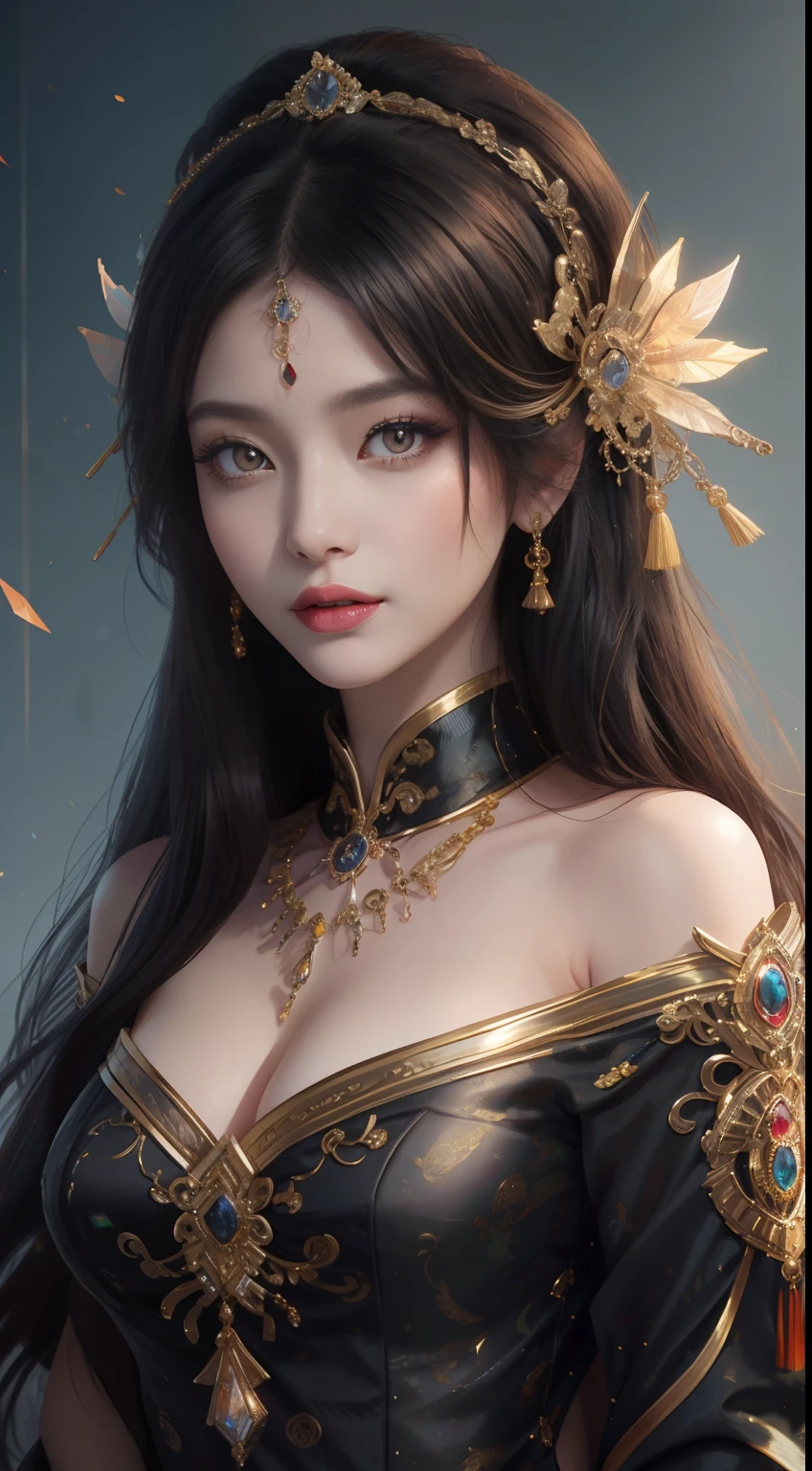 tmasterpiece,Highest image quality,Beautiful bust of a Chinese lady,Delicate black hairstyle,Amber eyes are clear,Embellished with a dazzling array of intricate jewelry,super detailing,upscaled。