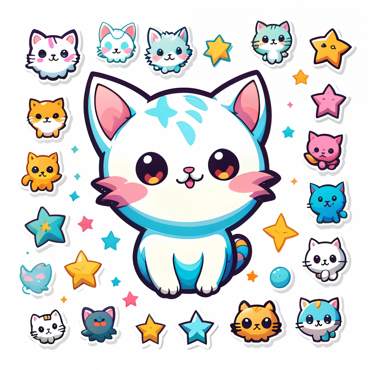 1 sticker, sticker, (cute, cat), stars, white background, no background, simple background, minimal, cute, tiny, pastel color, vector style, no gradient,