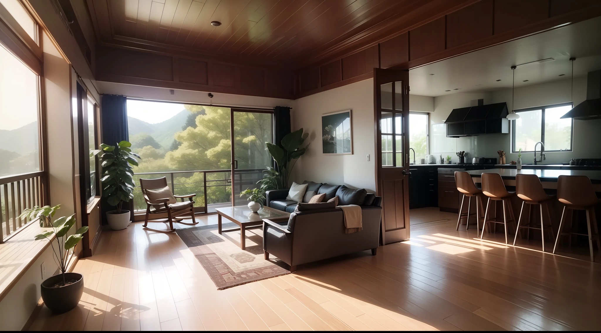 interior design、Insanely detailed wide-angle architectural photo、Cozy contemporary living room、(Bright and warm sunlight 1:0.1)、Award-winning contemporary interior design、landscapes、The table、a chair、in a house、Wooden flooring、window、resturant、east asian east asian architecture、sliding paper doors、abajour、architectural、the woods、naturey、cups、a plant、interior design、Insert lighting and shadows、depth of fields、low illuminance