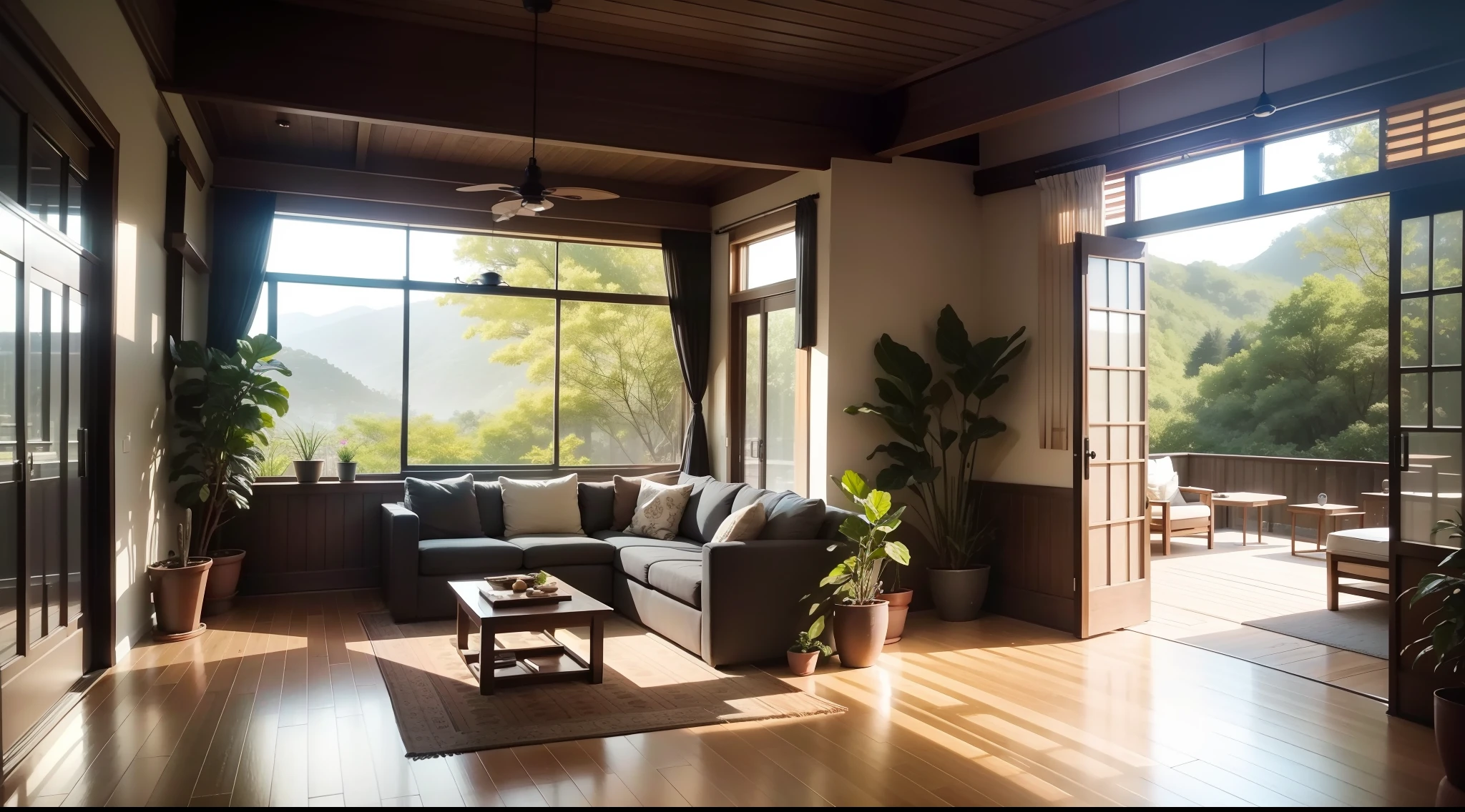 interior design、Insanely detailed wide-angle architectural photo、Cozy contemporary living room、(Bright and warm sunlight 1:0.1)、Award-winning contemporary interior design、landscapes、The table、a chair、in a house、Wooden flooring、window、resturant、east asian east asian architecture、sliding paper doors、abajour、architectural、the woods、naturey、cups、a plant、interior design、Insert lighting and shadows、depth of fields、low illuminance