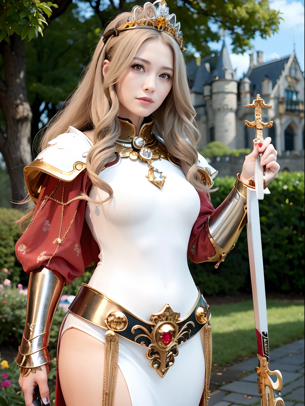 (masutepiece), Professional , masterpiece、top-quality、photos realistic , depth of fields (Gemstone Silver Metal Body:1.9),(Matte White、Particles of light、Jewel Gold Weapon、(Gorgeous castle background)、(White Micro Bikini)(Jewel Metal Body:1.4),Gorgeous Jewel Metal Weapons , Detailed Sword of the Brave ,( Soldier background in metal armor) ,warhammer 40k , adepta sororitas,Detail and ornate jewel crown、独奏、Black hair、(Gangle's forest background)、Beautiful Caucasian beauty、1a person、dynamic ungle,(((Diamond tiara with detail and luxury)))、a small face、A smile、Powerful poses、(Gorgeous castle background)、huge-breasted、20 year old beautiful woman、Stand in the center of the screen、Thin female fingers、Smaller head、Glamorous body、