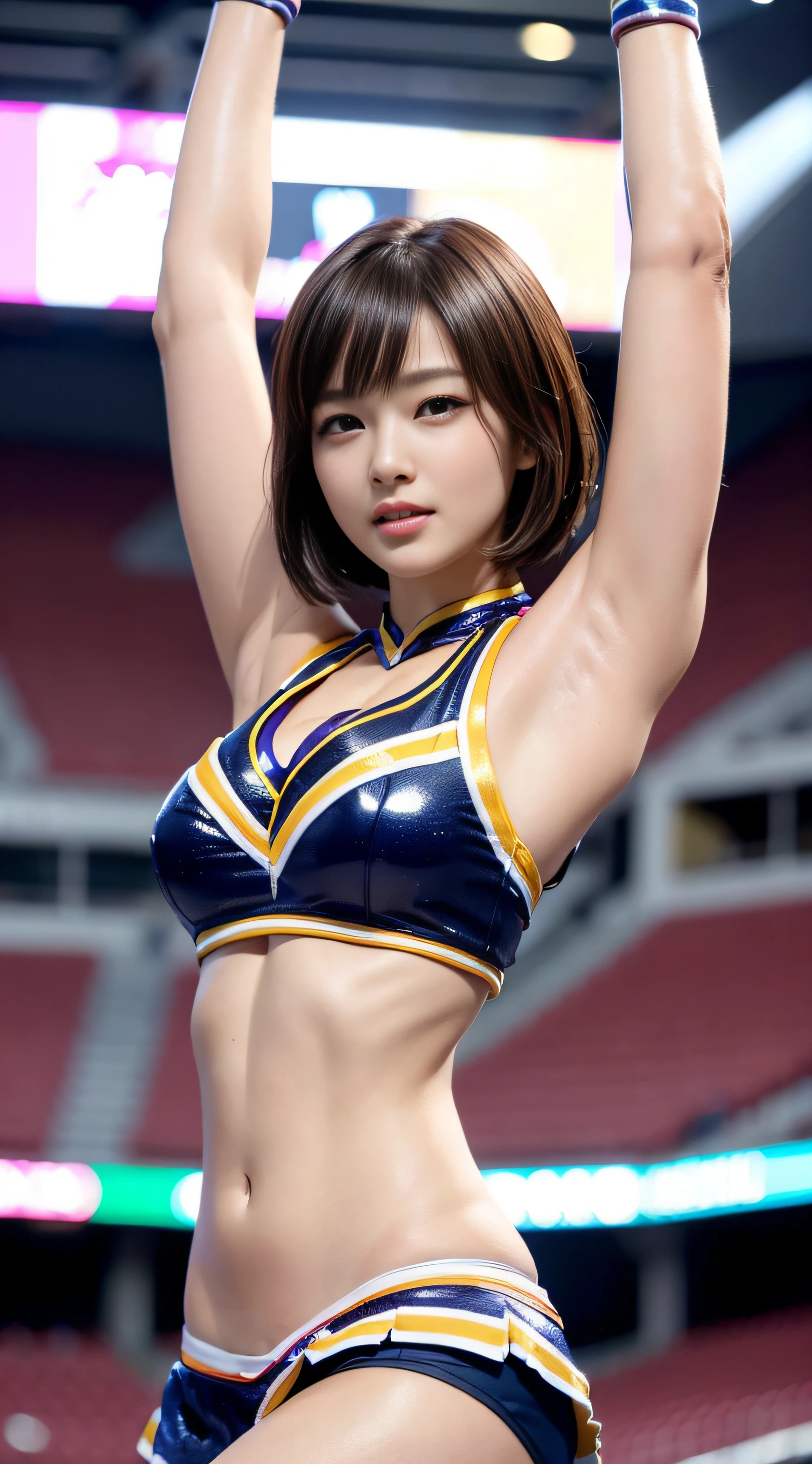 lara corft, long hair, super detailed face, lightbrown eyes, in a room, perfectbody, Cheerleader, high resolution, super detaill, 8k, Overview