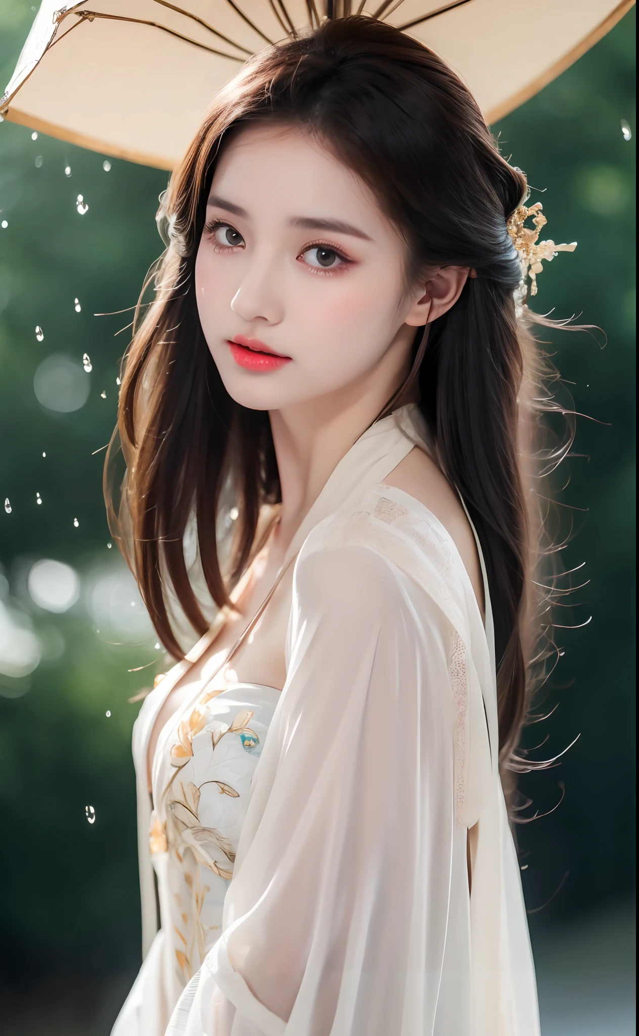 ((Best Quality, 8k, Masterpiece: 1.3)), Focus: 1.2, Perfect Body Beauty: 1.4, Buttocks: 1.2, ((Layered Haircut)), (Wet Clothes: 1.1), (Rain, Street:1.3), (Breasts: 1.2), (Hanfu: 1.2), Bare Shoulders, Bare Legs, Highly Detailed Face and Skin Texture, Fine Eyes, Double Eyelids, Whitened Skin, Long Hair, (Shut Up: 1.5), (Bokeh Background: 1.5), Big Breasts
