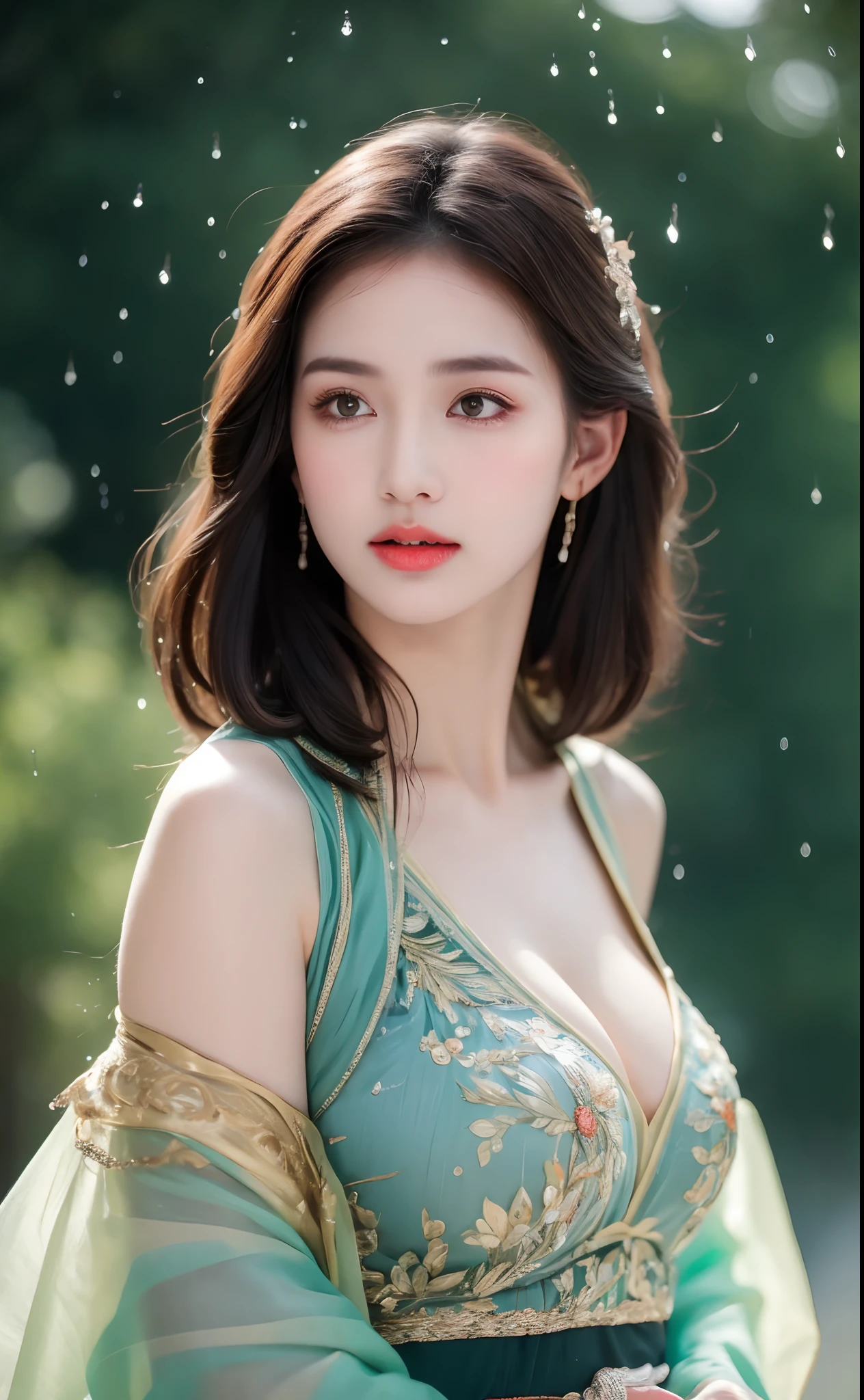 ((Best Quality, 8k, Masterpiece: 1.3)), Focus: 1.2, Perfect Body Beauty: 1.4, Buttocks: 1.2, ((Layered Haircut)), (Wet Clothes: 1.1), (Rain, Street:1.3), (Breasts: 1.2), (Hanfu: 1.2), Bare Shoulders, Bare Legs, Highly Detailed Face and Skin Texture, Fine Eyes, Double Eyelids, Whitened Skin, Long Hair, (Shut Up: 1.5), (Bokeh Background: 1.5), Big Breasts