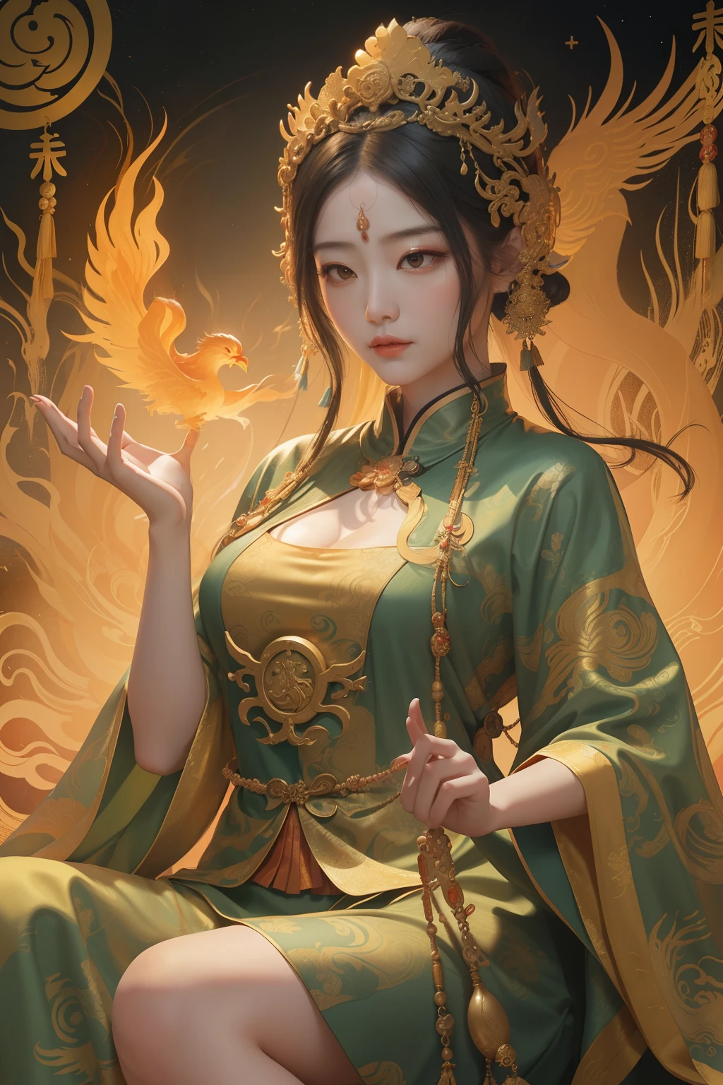 an ancient Chinese goddess, guanyin of the southern seas, Guanyin, Inspired by China, Avalokiteshvara rides a phoenix，,Serene expression,shui mo hua,Buddha,Buddhist,Lotus,Chinese painting style,Thangka style