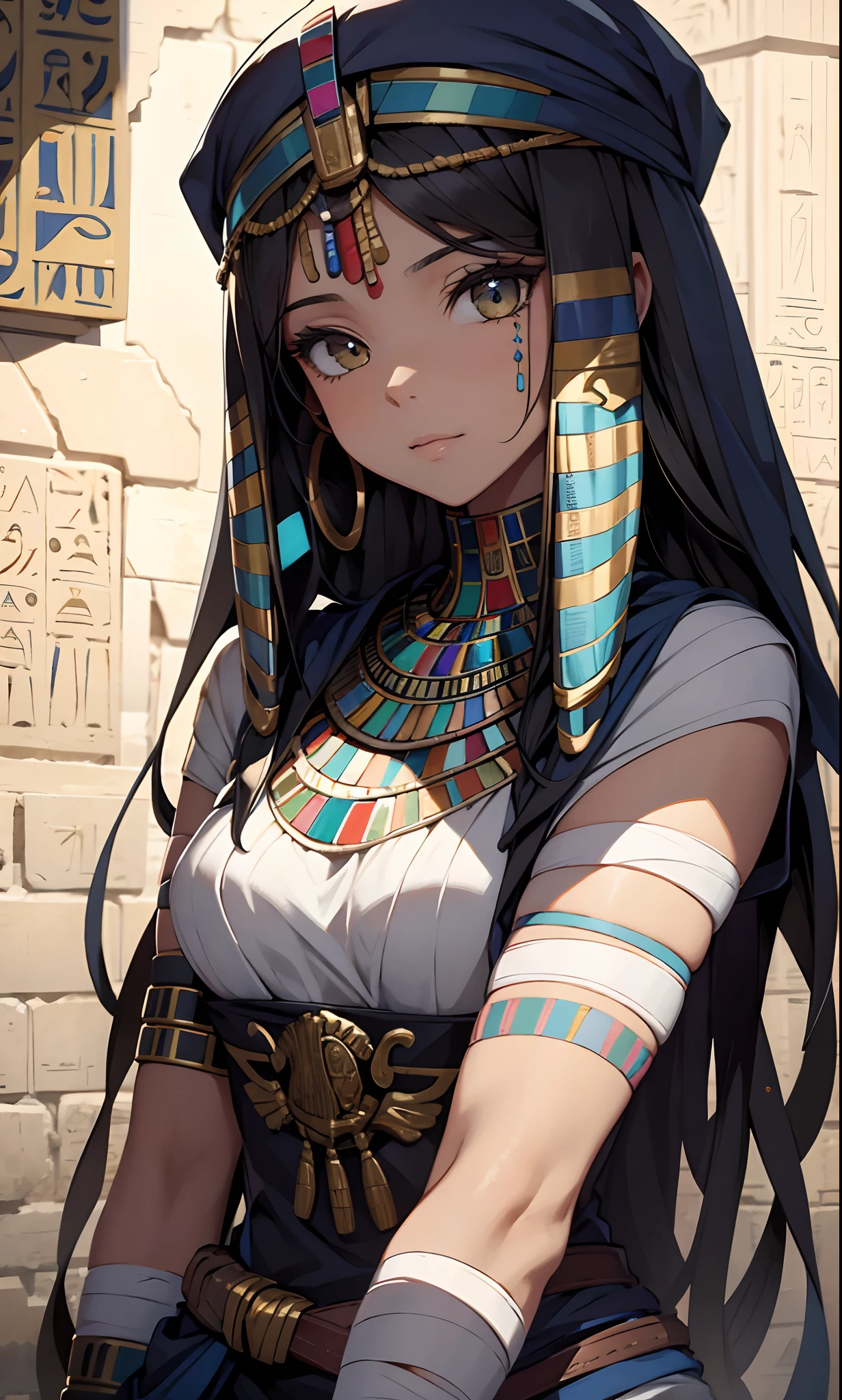 best qualityer,tmasterpiece,Ultimate resolution,downy,Extremely colorful,Colorful,Ancient Egyptian mummy beauty,Beautiful woman wrapped in bandages,Bandage around the chest,Bandages all over the body,Normal posture