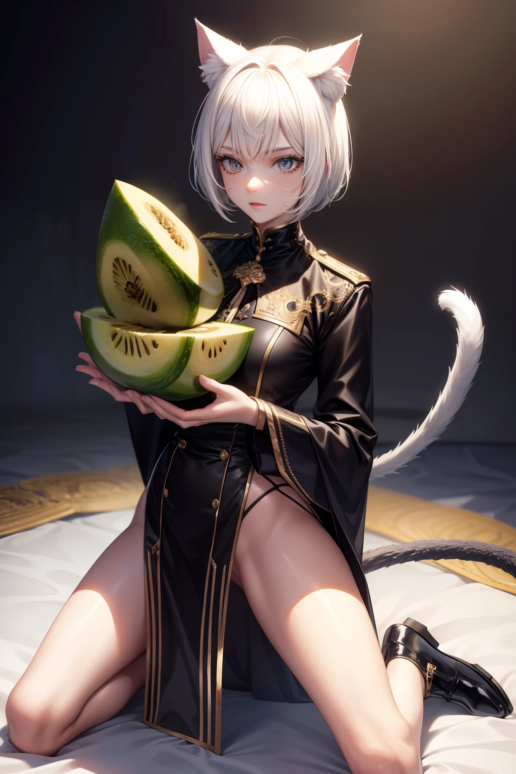4K valet,Tall and lean,Melon seed face,The skin is very white,short detailed hair,There are cat ears,Kneeling