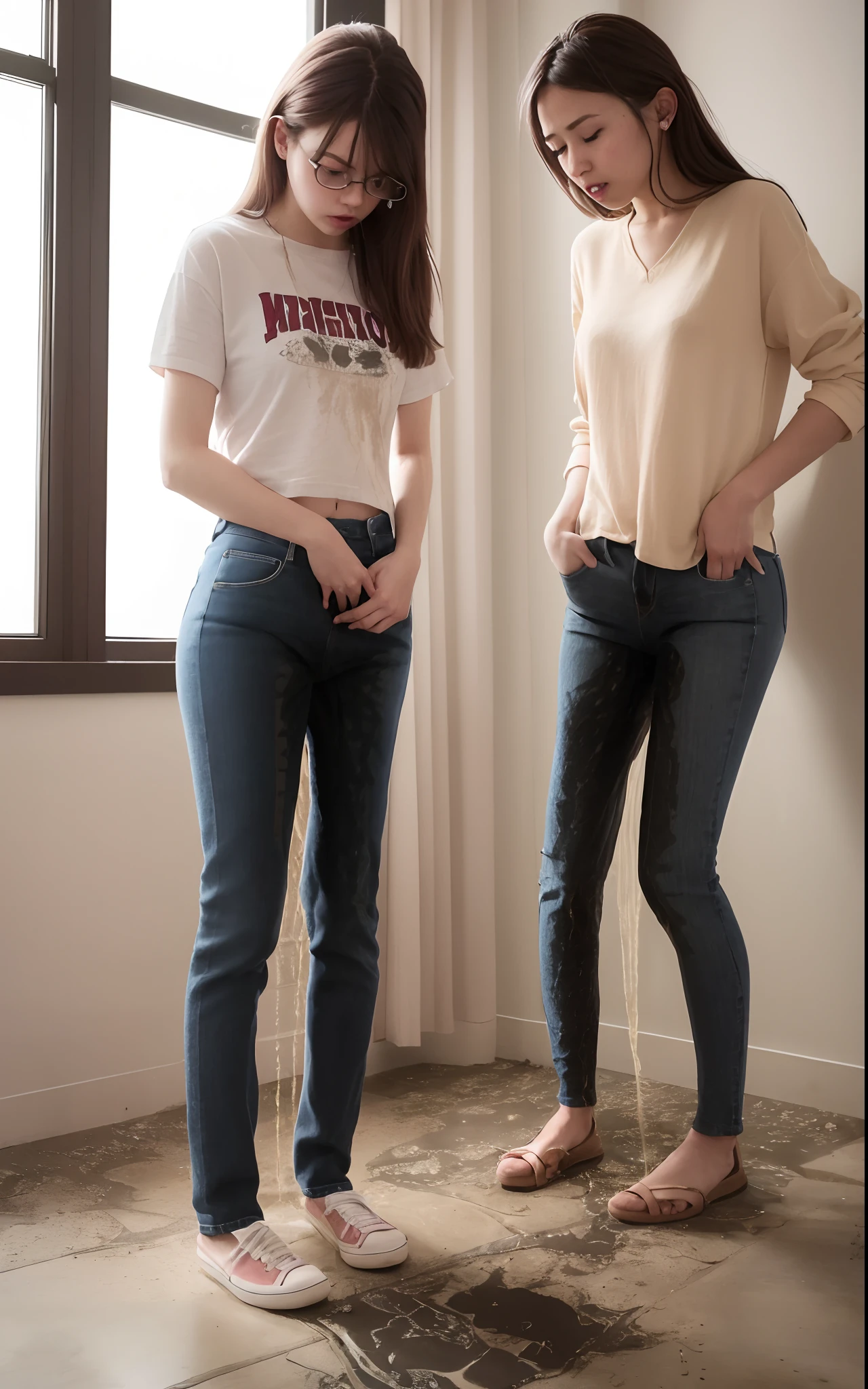 RAW photo, best quality, masterpiece, highres, realistic, 8k, soft lighting, cinematic lighting, (3girls), 20 years old, blue jeans pants, ((full body)), blush, worried, ((((((pee stain))))))