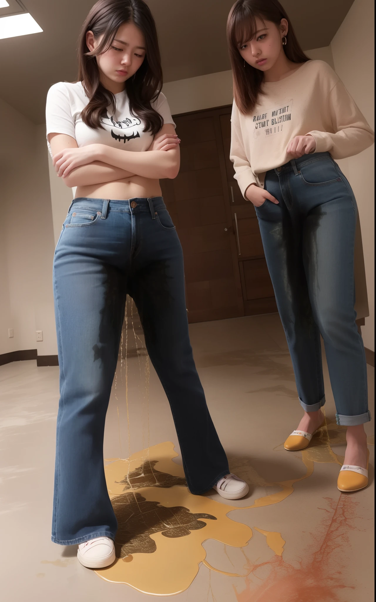 masterpiece, best quality, high resolution, (3girls), 20 years old, (blue jeans pants), full body, blush, worried, park, ((((((pee stain))))))
