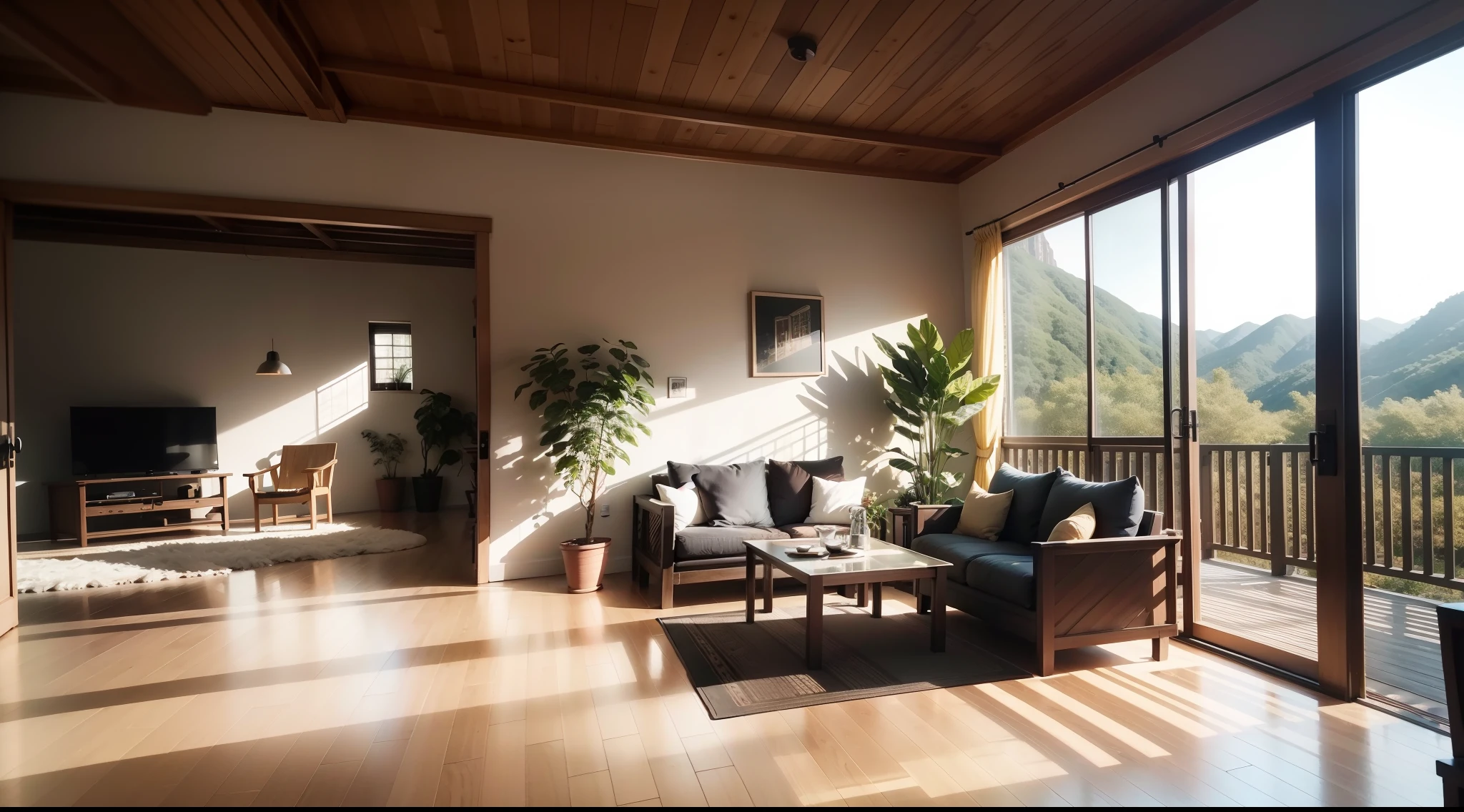interior design、Insanely detailed wide-angle architectural photo、Cozy contemporary living room、(Bright and warm sunlight 1:0.1)、Award-winning contemporary interior design、landscapes、The table、a chair、in a house、Wooden flooring、window、resturant、east asian east asian architecture、sliding paper doors、abajour、architectural、the woods、naturey、cups、a plant、interior design、Insert lighting and shadows、depth of fields、low illuminance