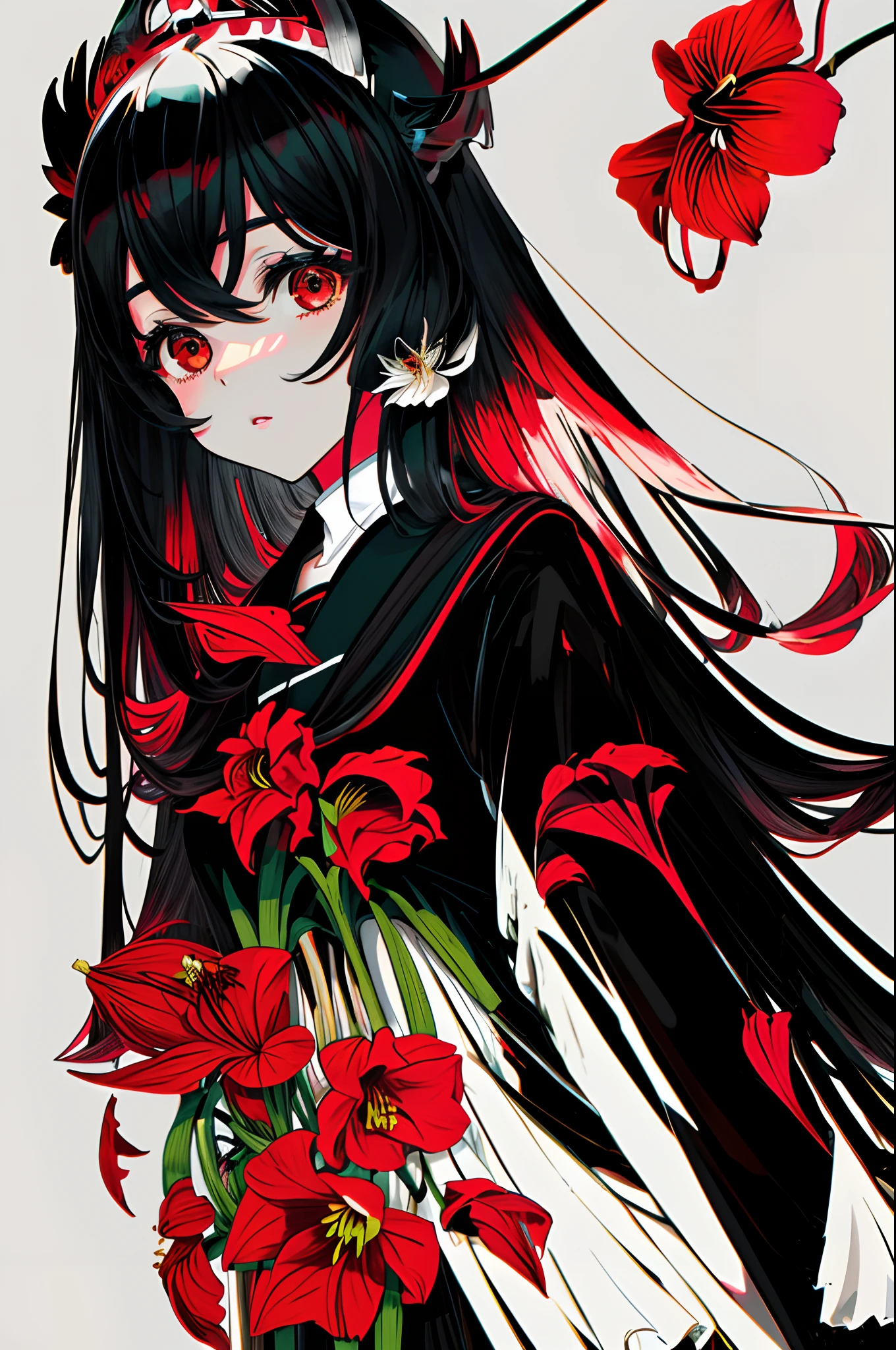 Masterpiece, Best quality, Flat color, limited palette, Low contrast,
1girll, serafuku, Long straight black hair,
amaryllis, goat skull,
(Red, black)