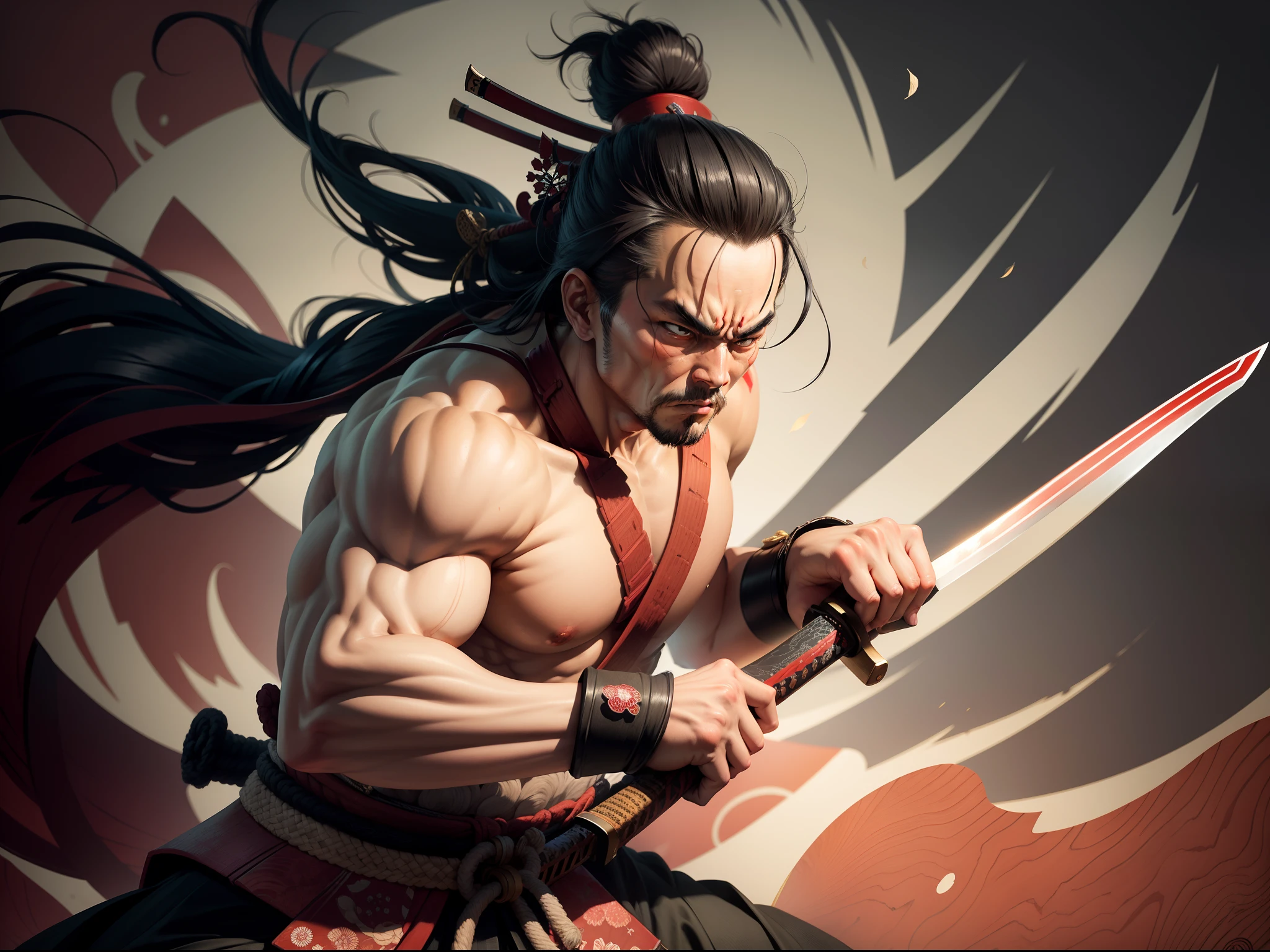 ukiyo-e style,woodblock,angry samurai with his katana