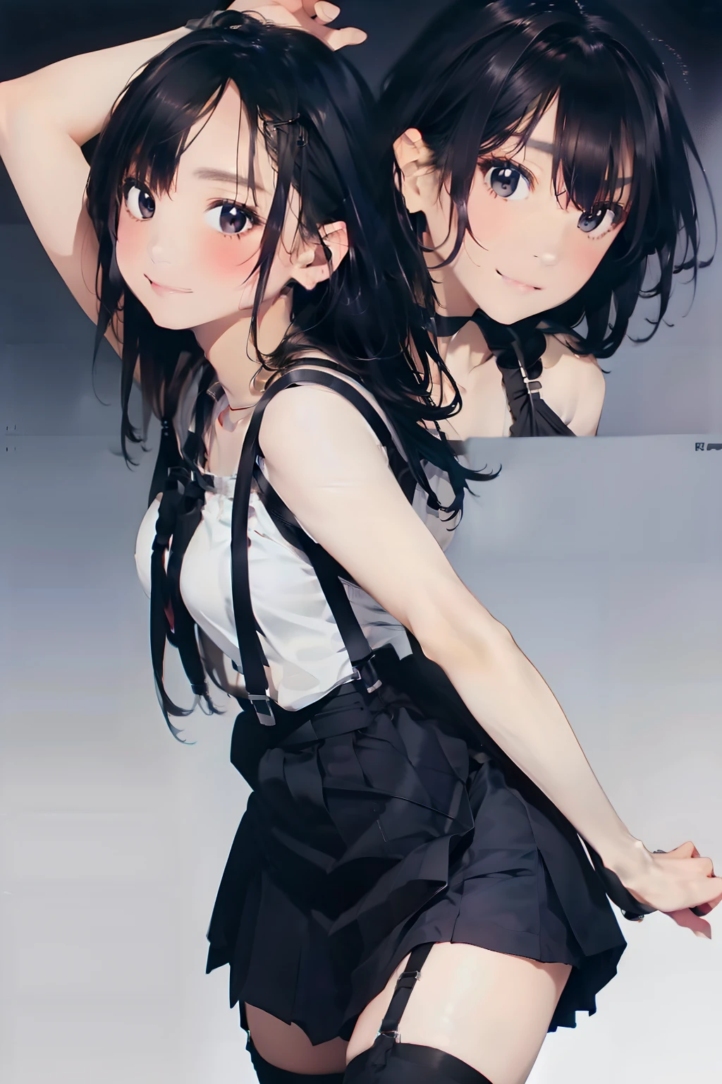 a black skirt, neck tie, Tank tops　suspenders, Long Black Hair, Gray eyes, holster, Garter belt on the legs, Moderately breasts, hands above your head, Big breasts, Pichi Pichi clothes, both sides