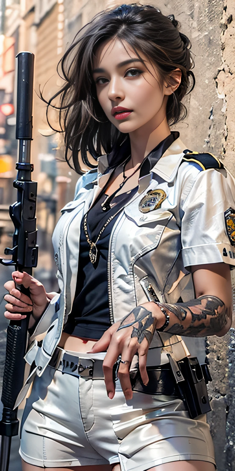 Photorealistic, high resolution, Soft light,1womanl, Solo,ink,holding rifle, Hips up, (Detailed face),tattoo,Police badge,Police badge,Police badge, jewelry,Open navel, Night City,White leather police jacket,Lace pleated skirt,cabellos largos dorados