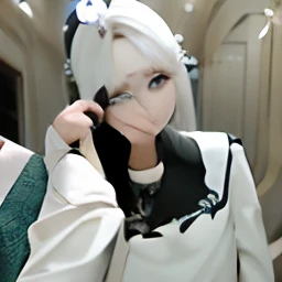 best quality, masterpiece,white hair, gold eyes,white clothes, looking up, upper body,hair strand,Fair skin,side braids