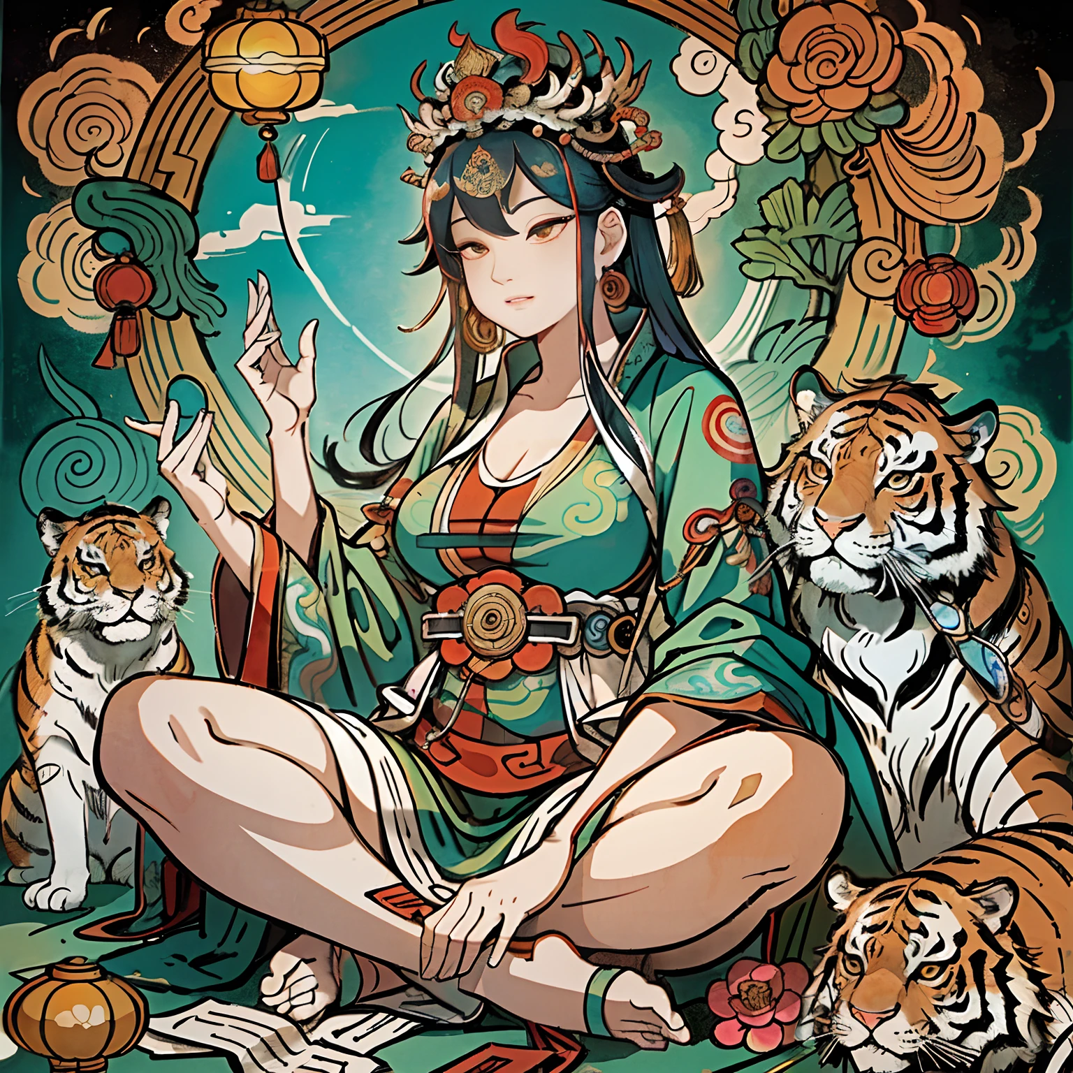 an ancient Chinese goddess, guanyin of the southern seas, Guanyin, Inspired by India, Avalokiteshvara rides a tiger，,Serene expression,shui mo hua,Buddha,Buddhist,Lotus,Chinese painting style,Thangka style