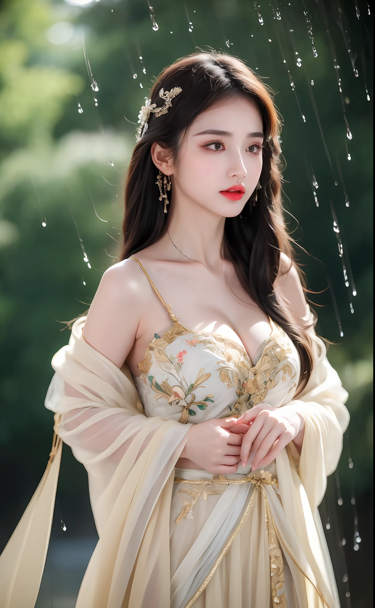 ((Best Quality, 8k, Masterpiece: 1.3)), Focus: 1.2, Perfect Body Beauty: 1.4, Buttocks: 1.2, ((Layered Haircut)), (Wet Clothes: 1.1), (Rain, Street:1.3), (Breasts: 1.2), (Hanfu: 1.2), Bare Shoulders, Bare Legs, Highly Detailed Face and Skin Texture, Fine Eyes, Double Eyelids, Whitened Skin, Long Hair, (Shut Up: 1.5), (Bokeh Background: 1.5), Big Breasts