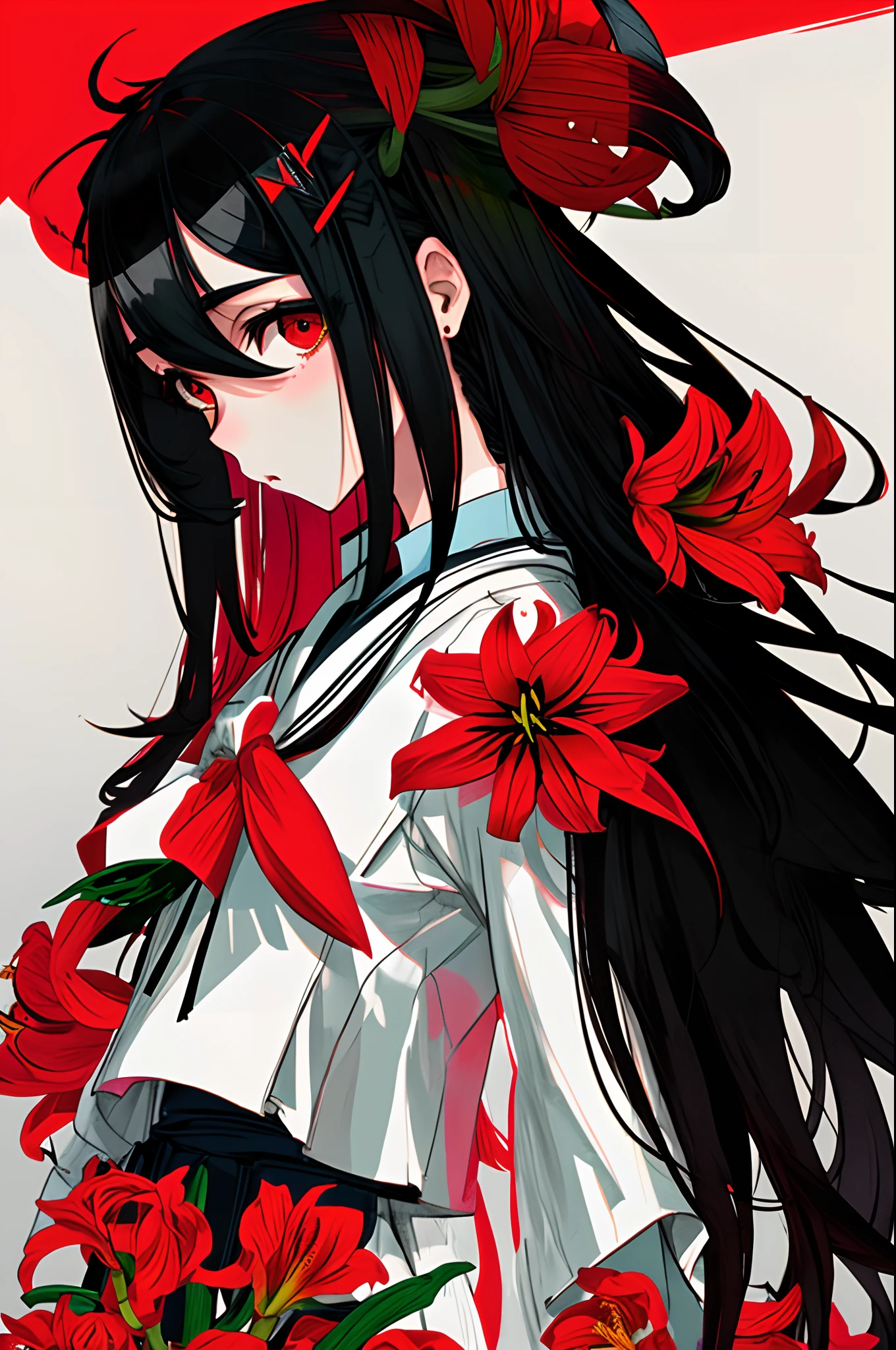 Masterpiece, Best quality, Flat color, limited palette, Low contrast,
1girll, serafuku, Long straight black hair,
amaryllis, goat skull,
(Red, black)