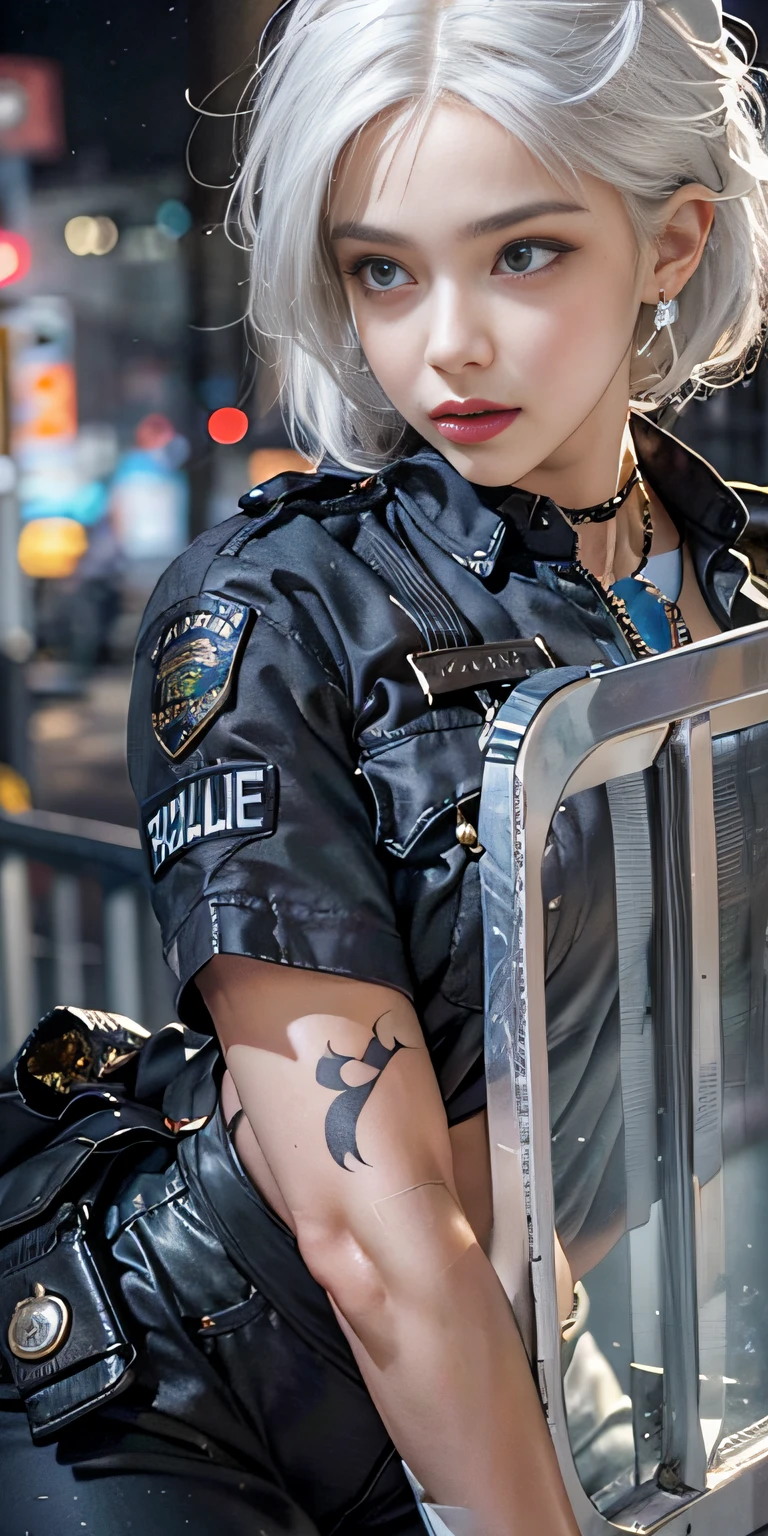 Photorealistic, high resolution, Soft light,1womanl, Solo, Hips up, (Detailed face),tattoo, jewelry, Night City, Police uniform, White hair