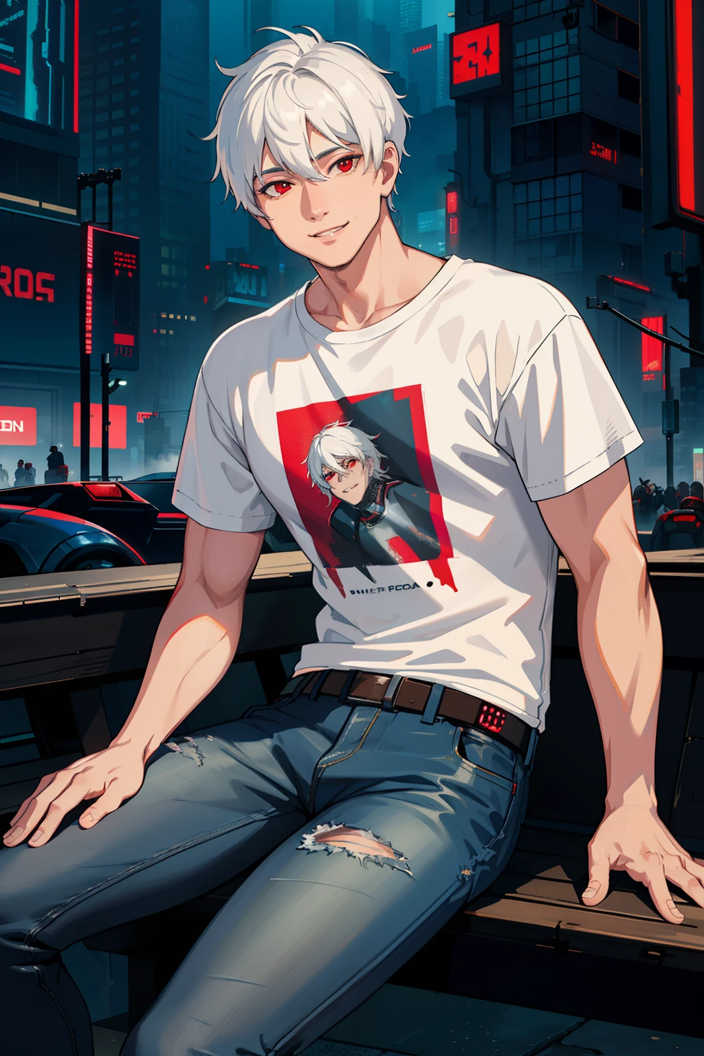 masterpiece, high quality, best quality, beautiful, hd, realistic, perfect lighting, detailed face, detailed body, 1 man, (white hair), red eyes, manly, (brutal), black t-shirt, jeans, sitting on a bench,  ((cyberpunk)), (fog), smile