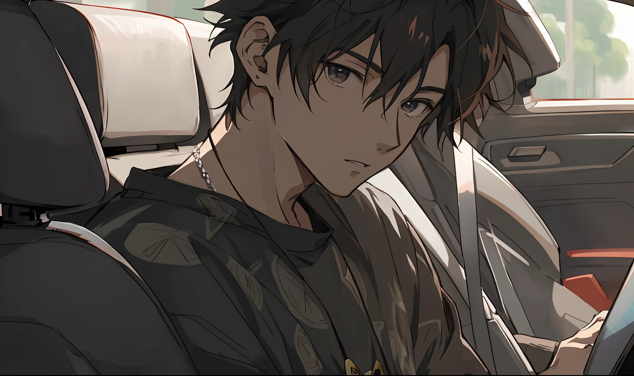 Anime boy sitting in the car，A laptop is placed on his lap, Anime handsome man, Guviz, young anime man, Kawasi, Guviz-style artwork, male anime character, Handsome anime pose, Anime portrait of a handsome man, Male anime style, Today's featured anime stills, Anime boy, High Quality Anime Art Style
