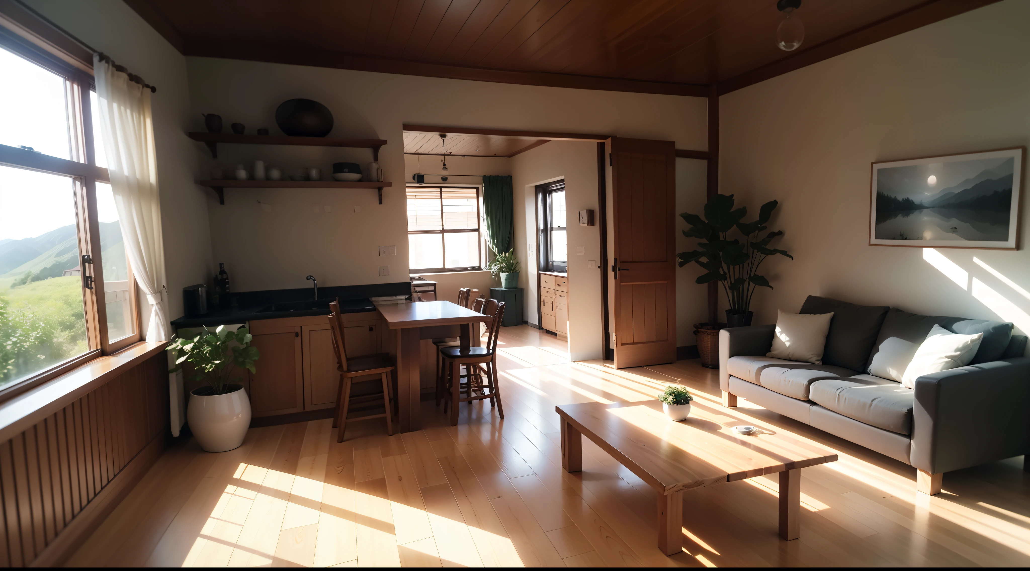 interior design、Insanely detailed wide-angle architectural photo、Cozy contemporary living room、(Bright and warm sunlight 1:0.1)、Award-winning contemporary interior design、landscapes、The table、a chair、in a house、Wooden flooring、window、resturant、east asian east asian architecture、sliding paper doors、abajour、architectural、the woods、naturey、cups、a plant、interior design、Insert lighting and shadows、depth of fields、low illuminance